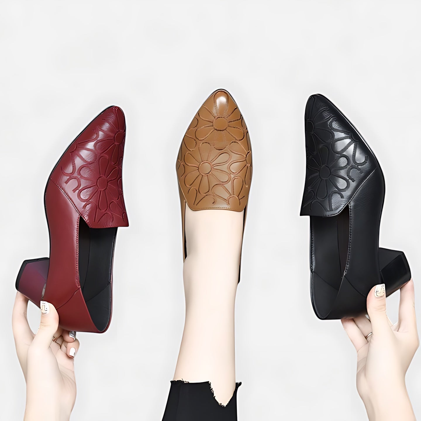 Autumn – Floral Embossed Pointed Toe Block Heel Pumps