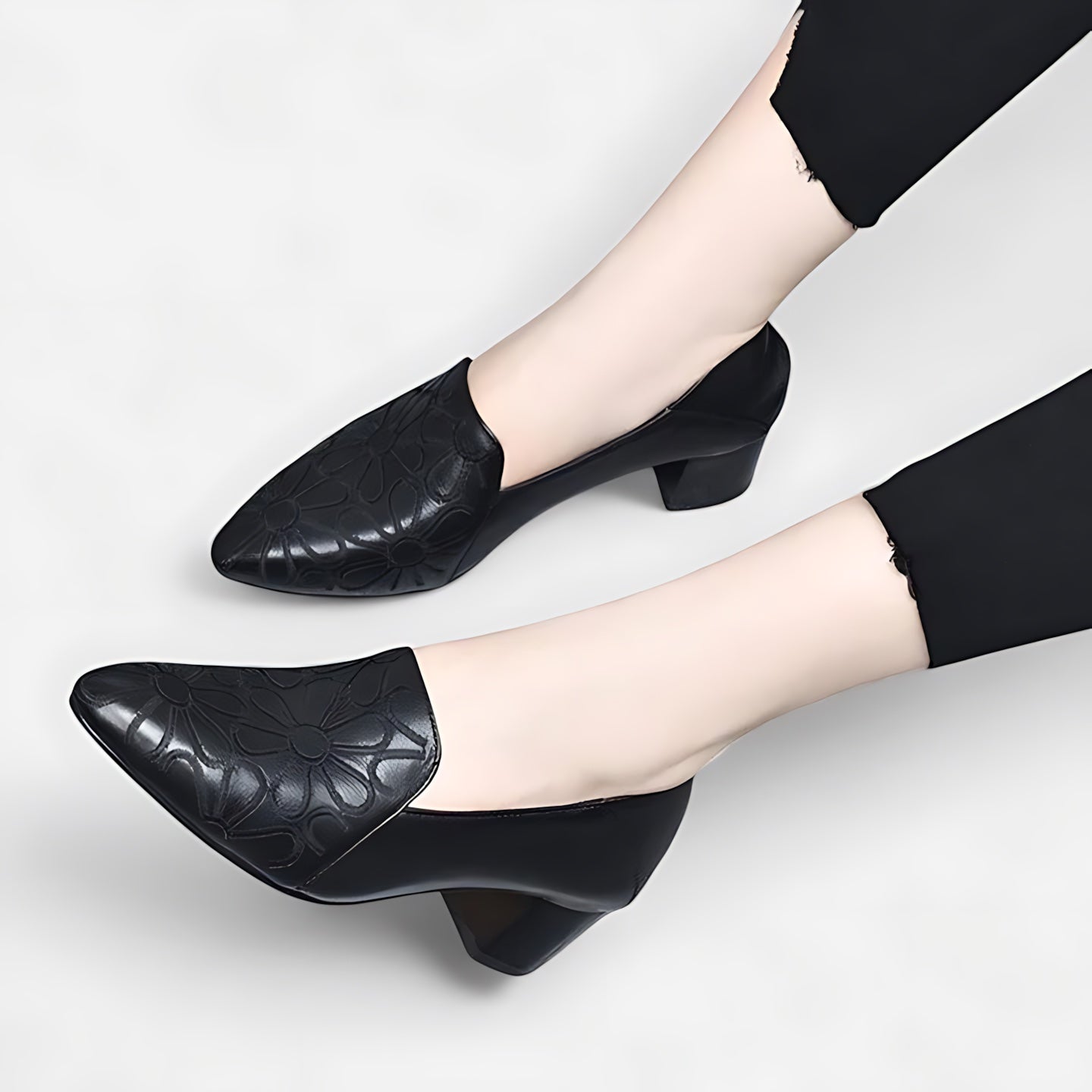 Autumn – Floral Embossed Pointed Toe Block Heel Pumps
