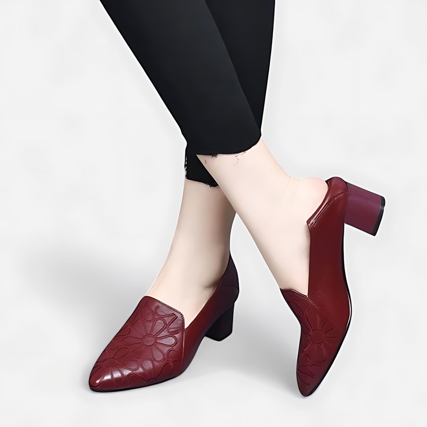 Autumn – Floral Embossed Pointed Toe Block Heel Pumps