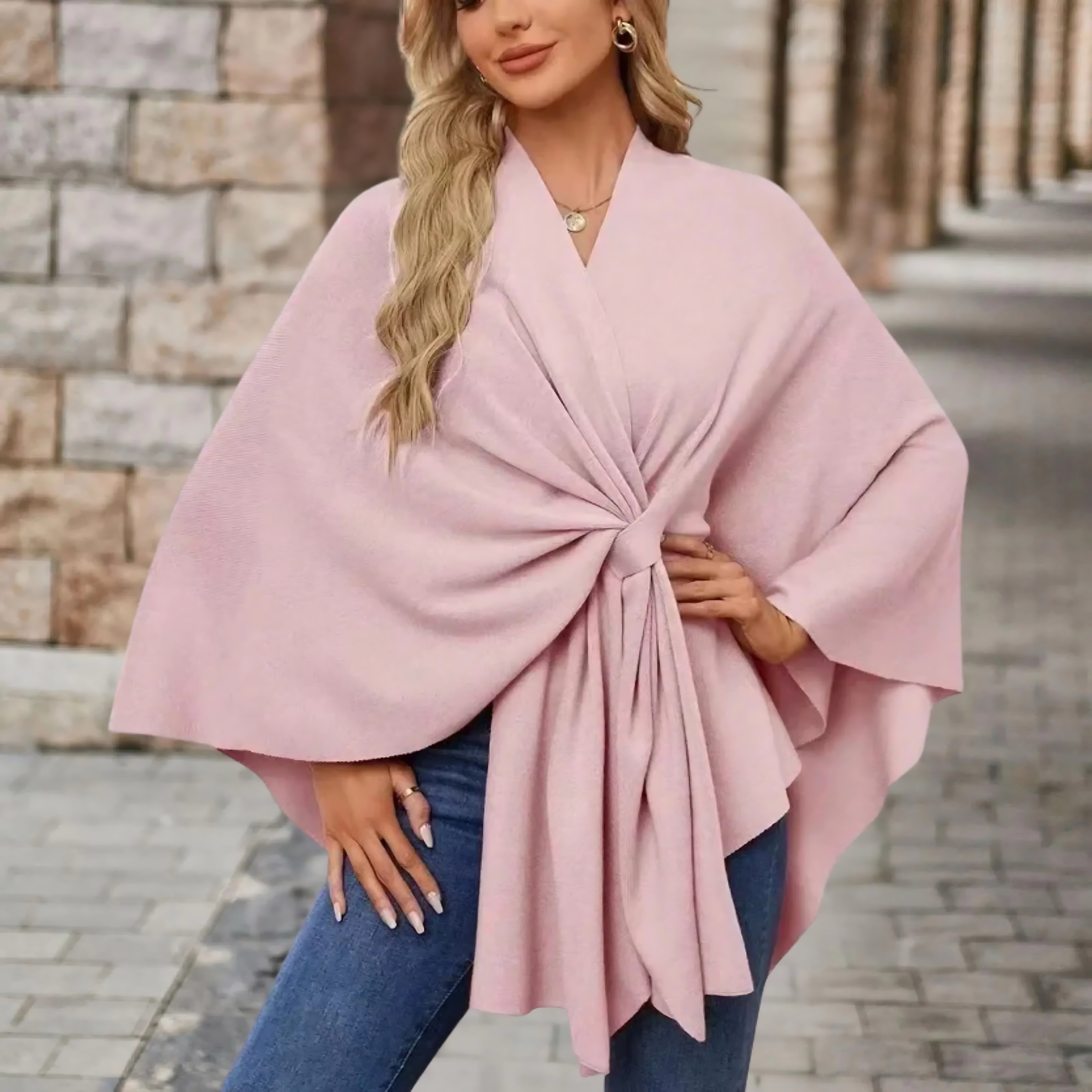 Ava – Draped Twist Front Knit Poncho