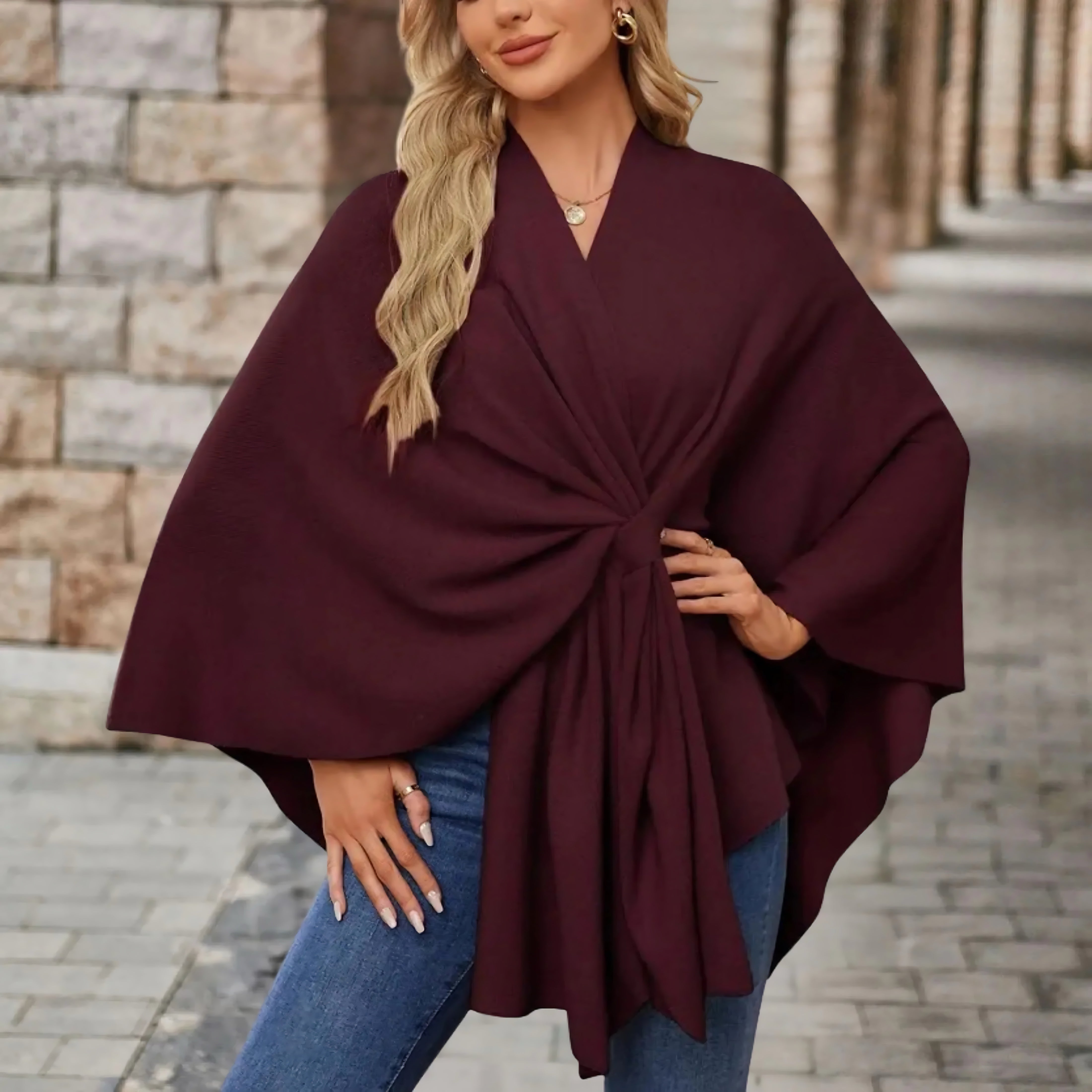 Ava – Draped Twist Front Knit Poncho