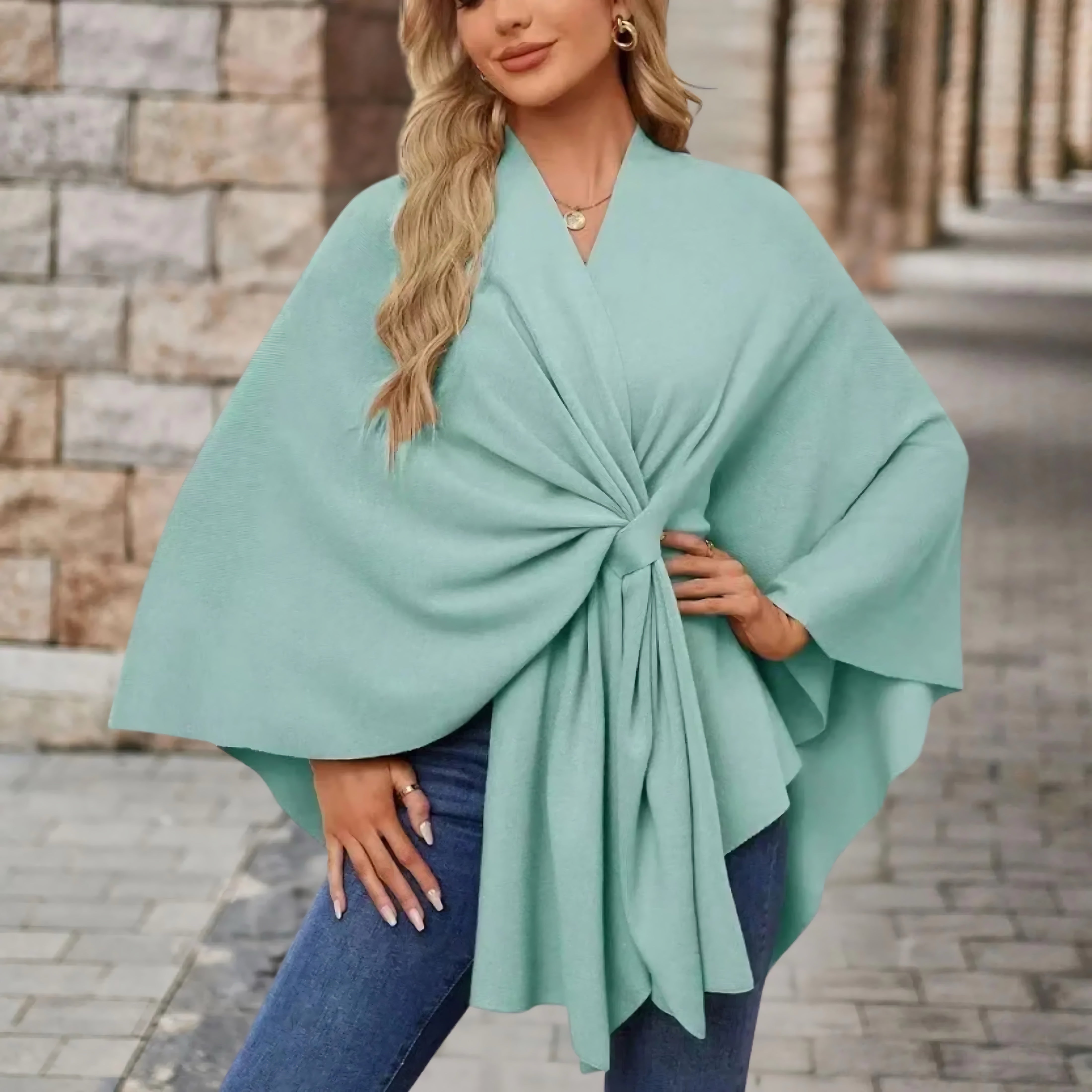 Ava – Draped Twist Front Knit Poncho