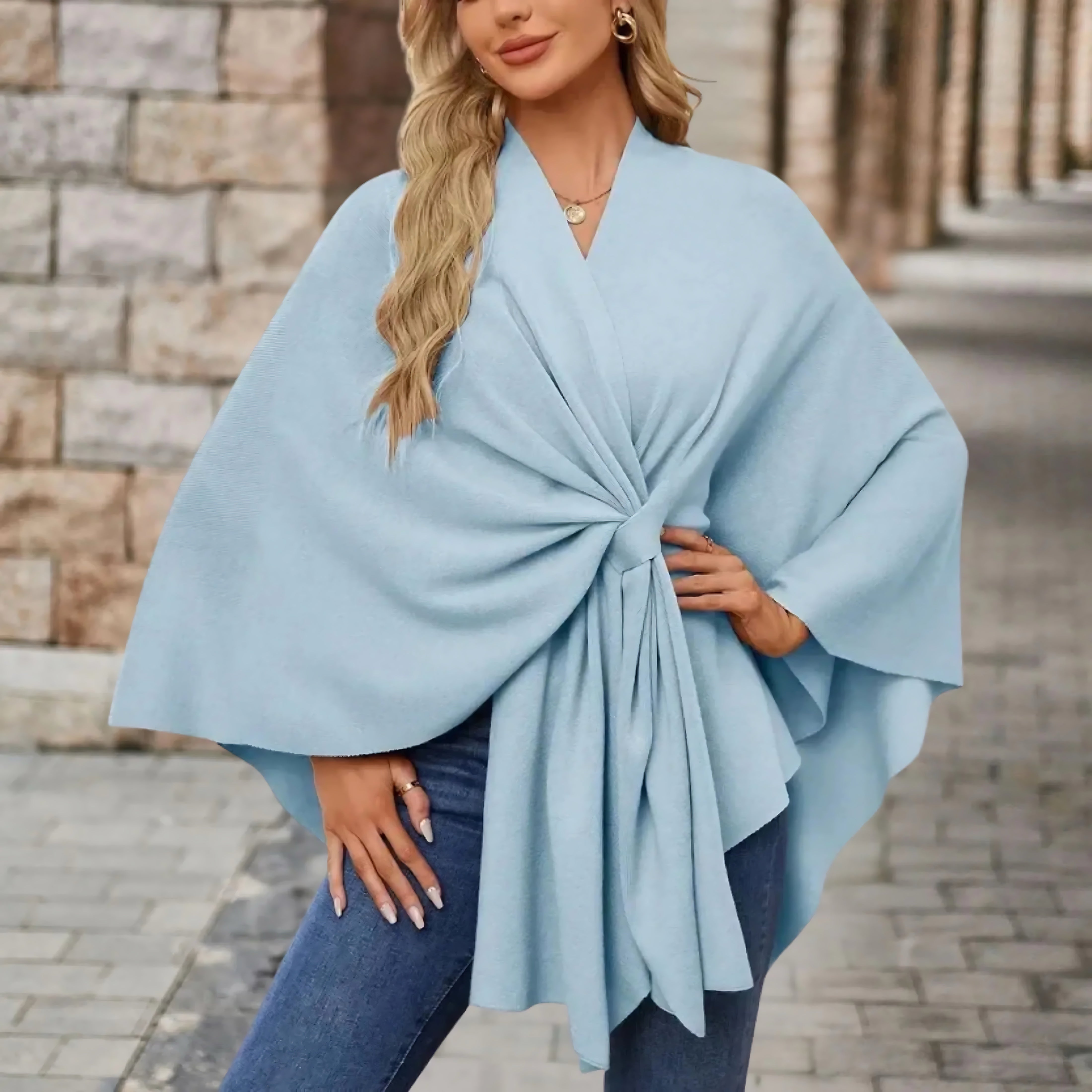Ava – Draped Twist Front Knit Poncho