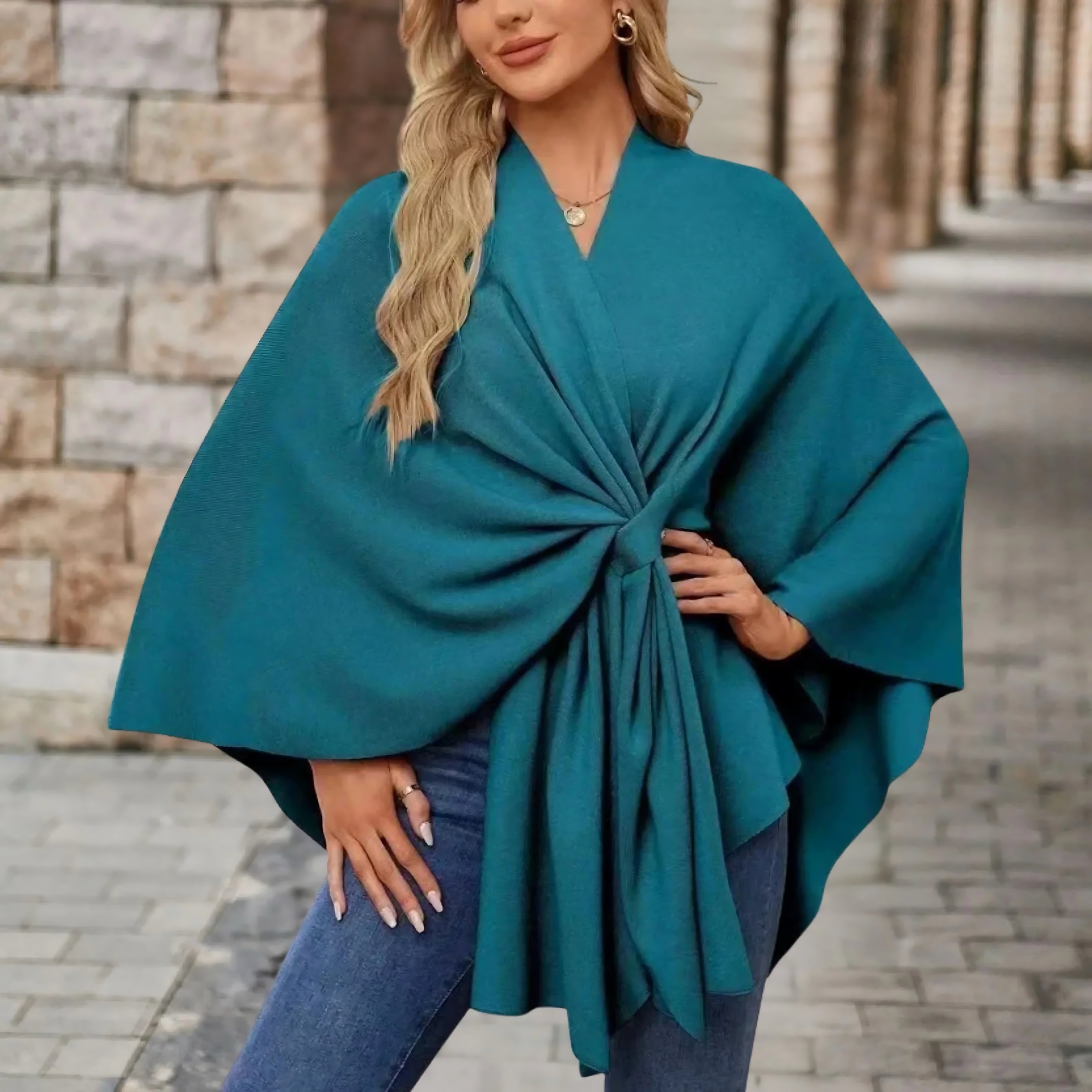 Ava – Draped Twist Front Knit Poncho