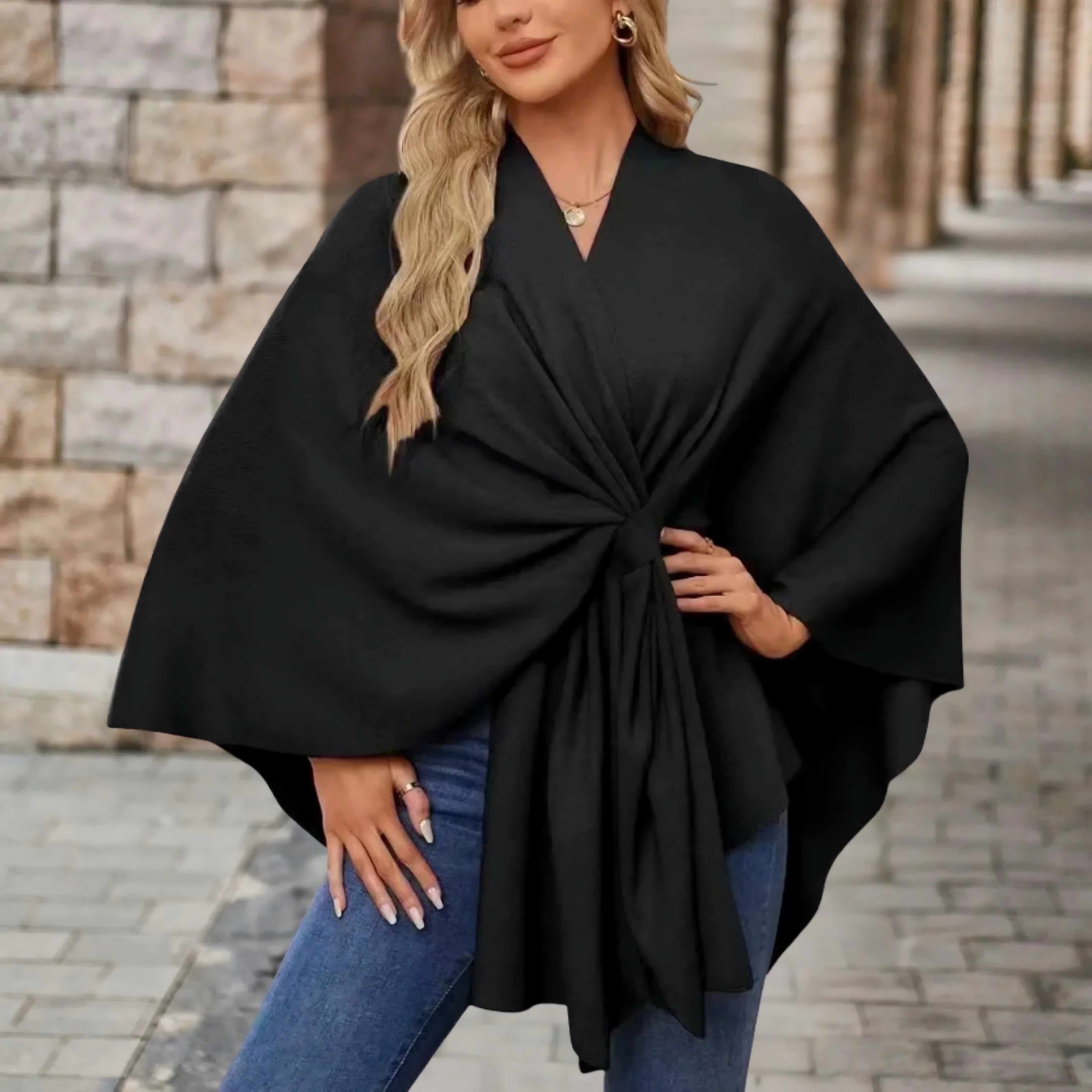 Ava – Draped Twist Front Knit Poncho