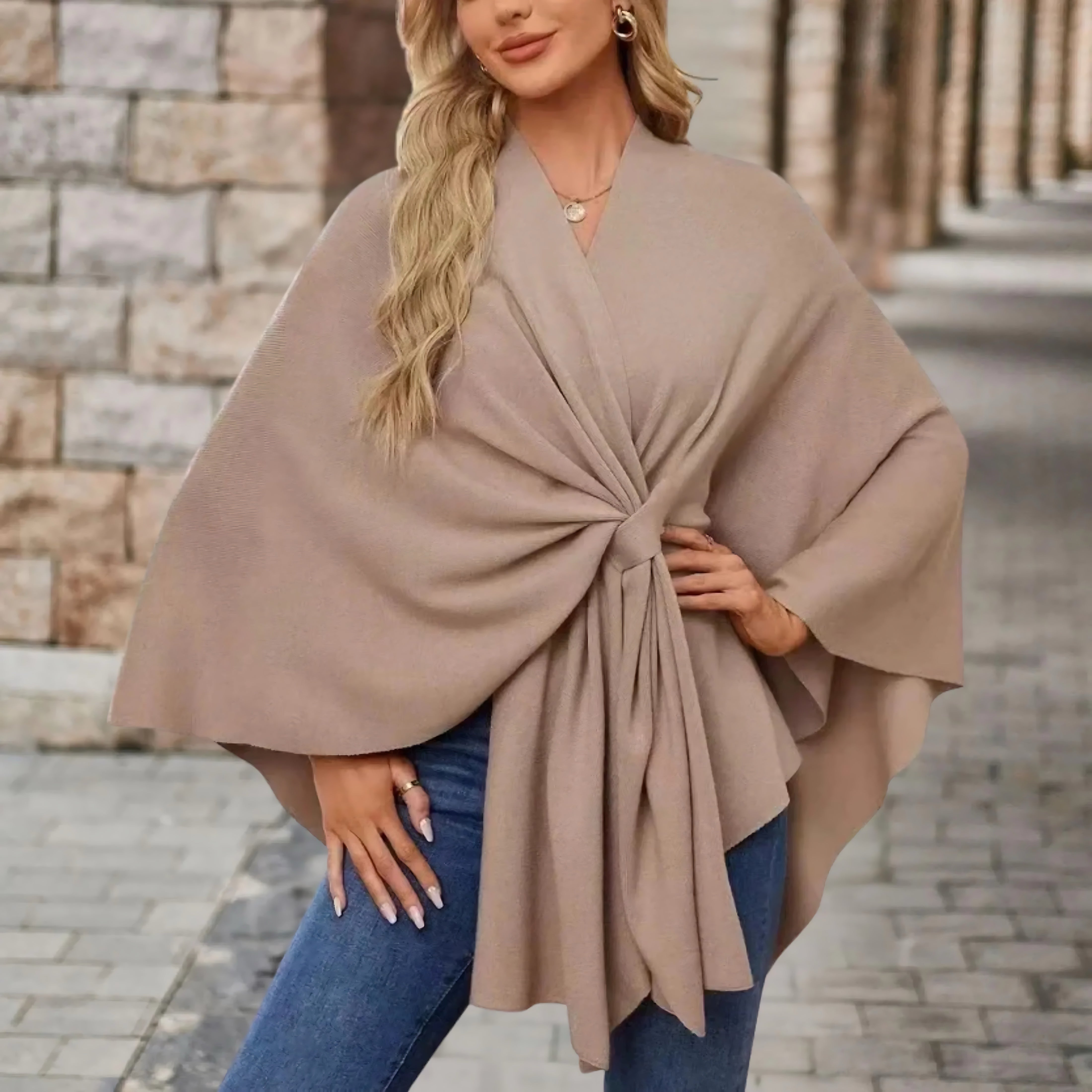 Ava – Draped Twist Front Knit Poncho