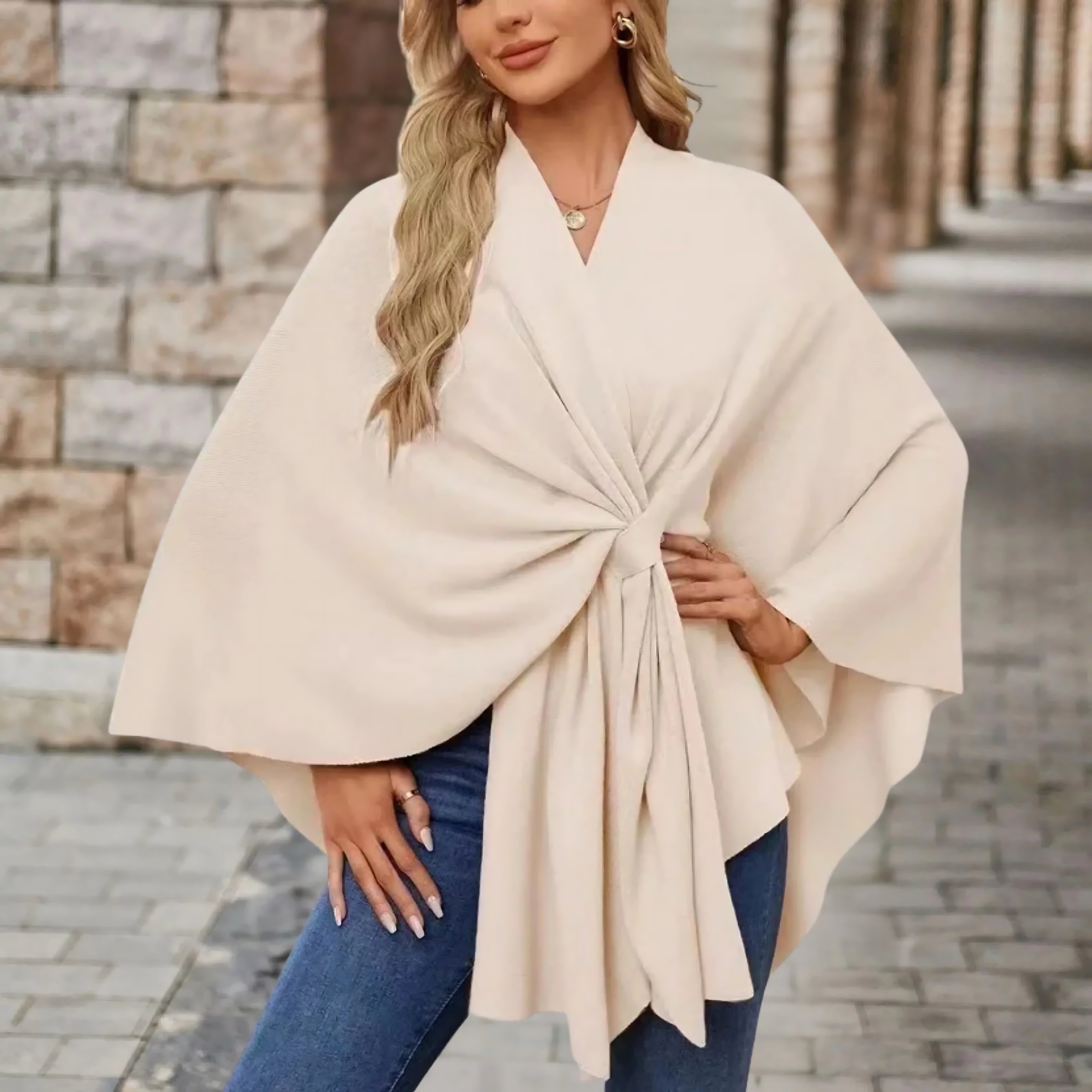 Ava – Draped Twist Front Knit Poncho