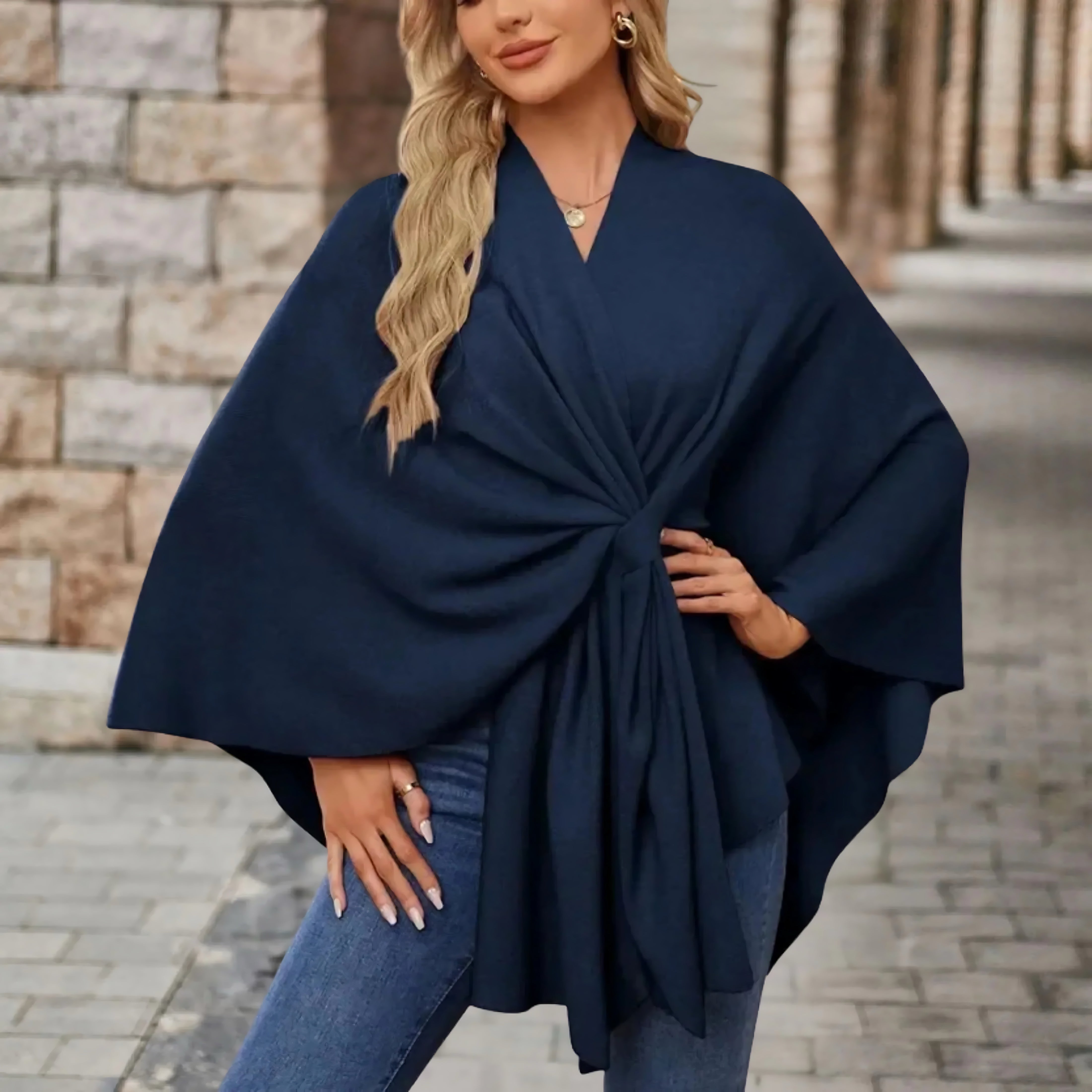 Ava – Draped Twist Front Knit Poncho