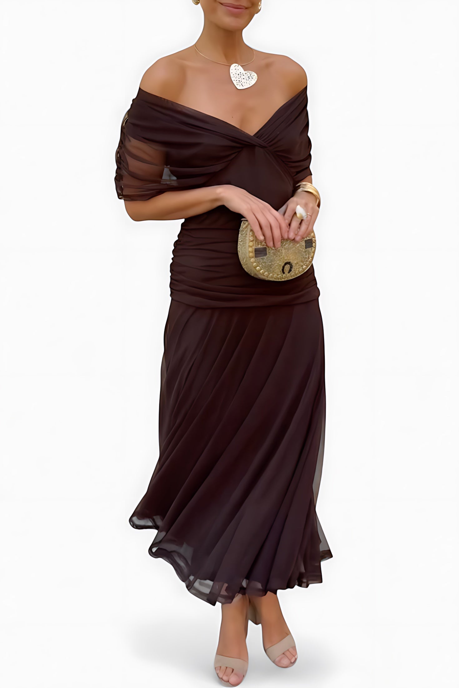 Ava – Mesh Off Shoulder Ruched Evening Maxi Dress