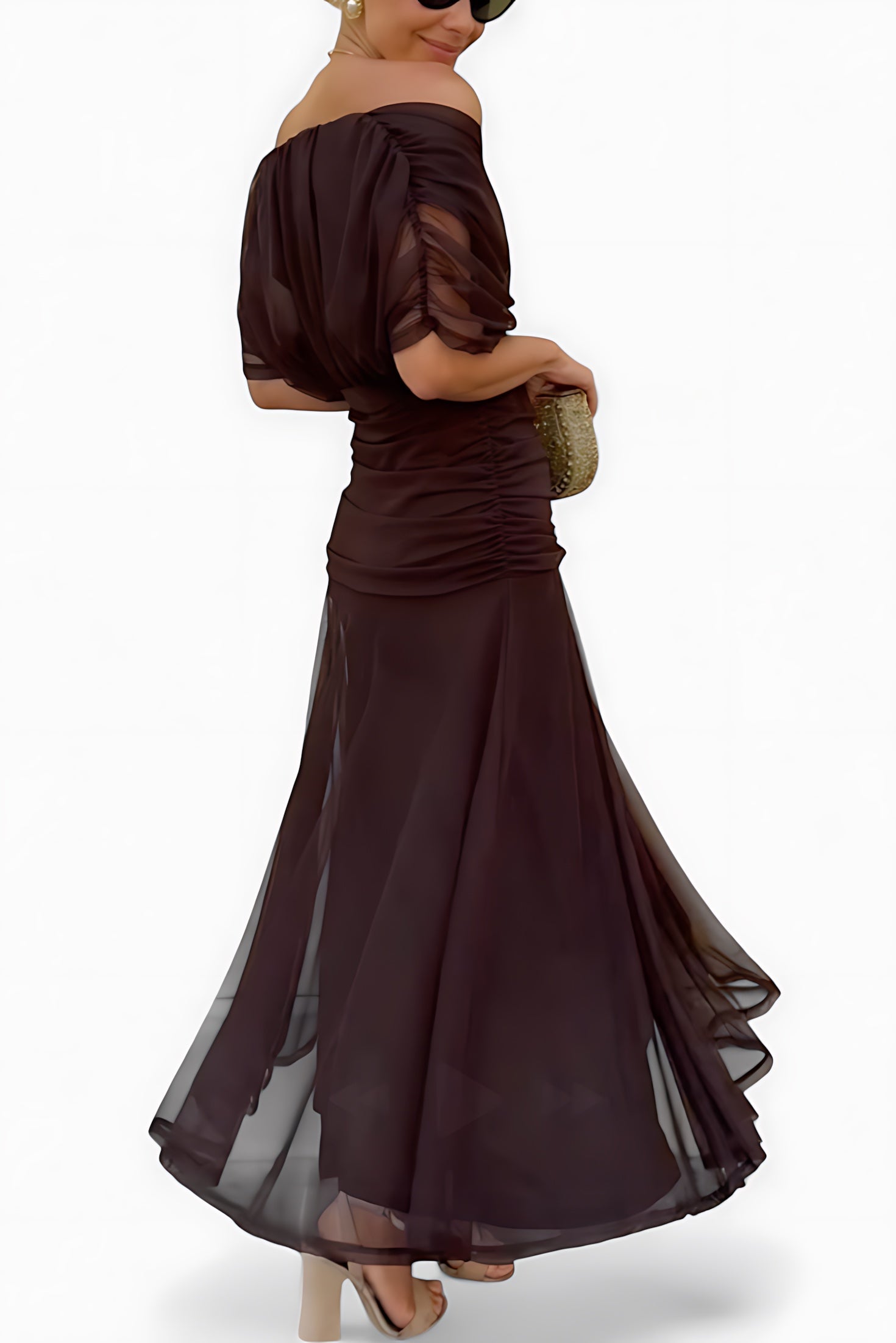 Ava – Mesh Off Shoulder Ruched Evening Maxi Dress