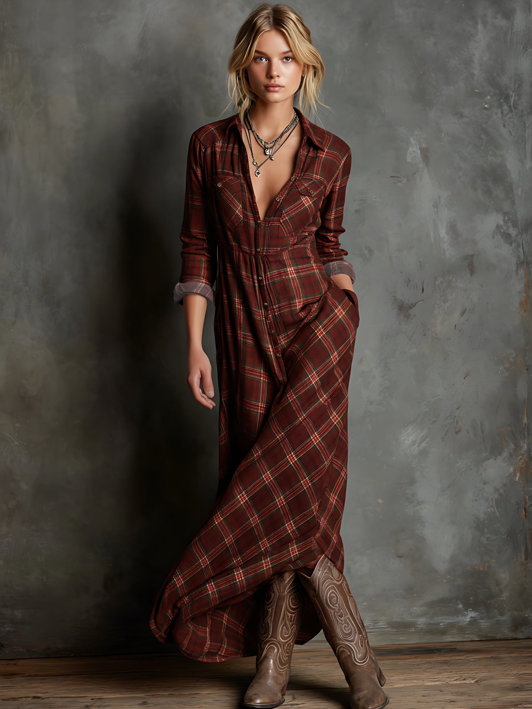Ava – Plaid Collared Maxi Shirt Dress