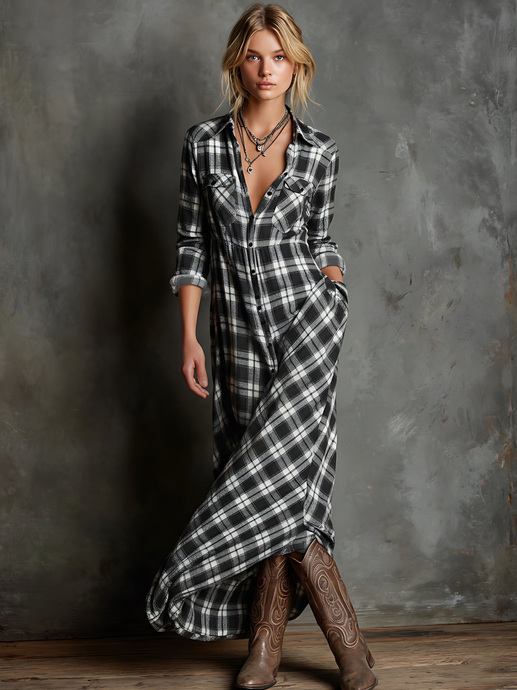 Ava – Plaid Collared Maxi Shirt Dress