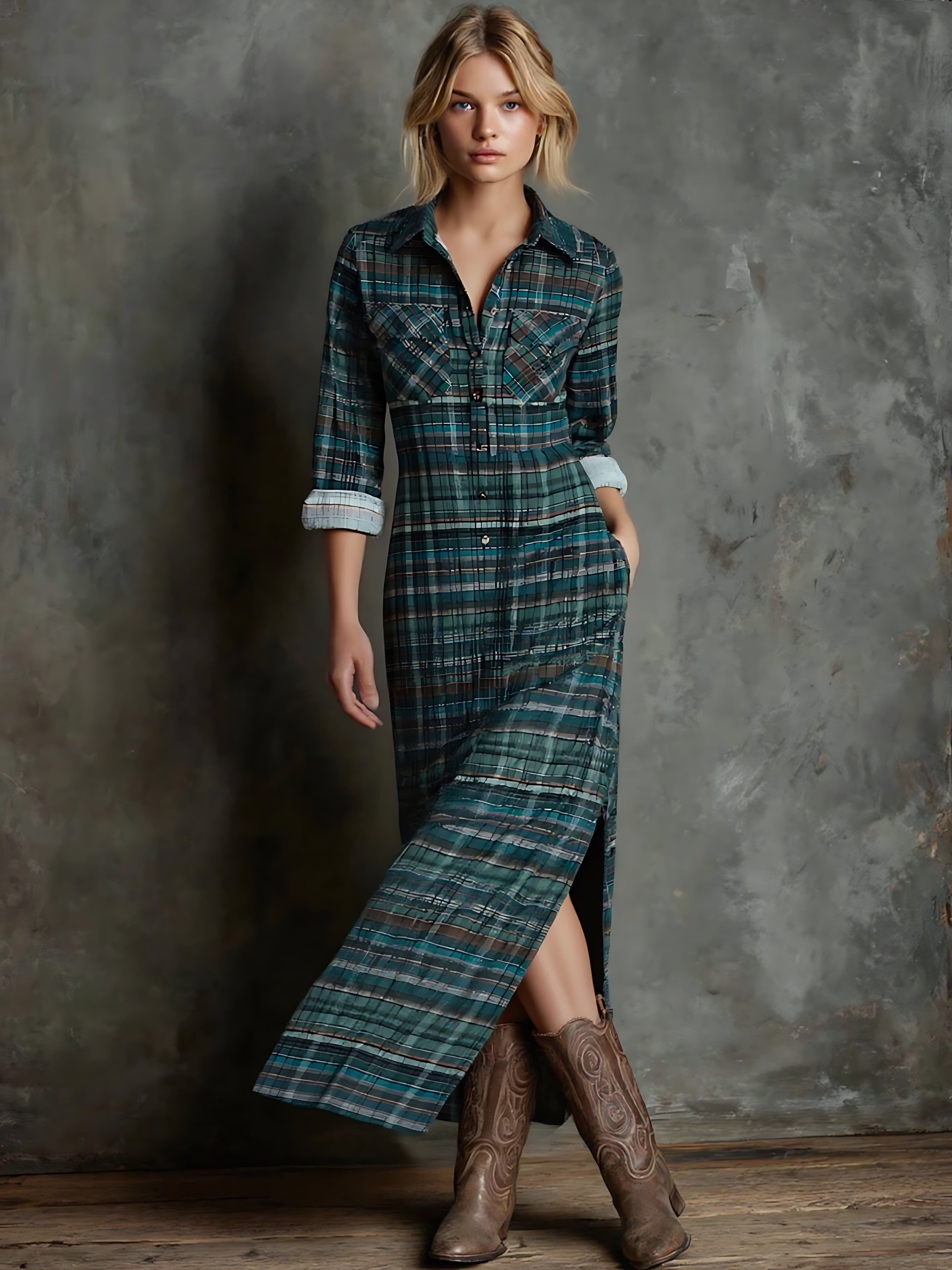 Ava – Plaid Collared Maxi Shirt Dress