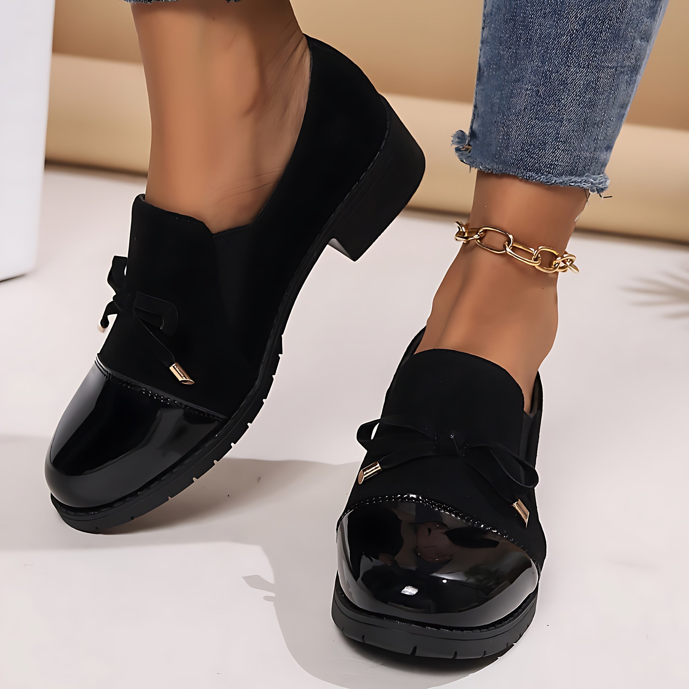 Avery – Patent Bow Block Heel Loafers