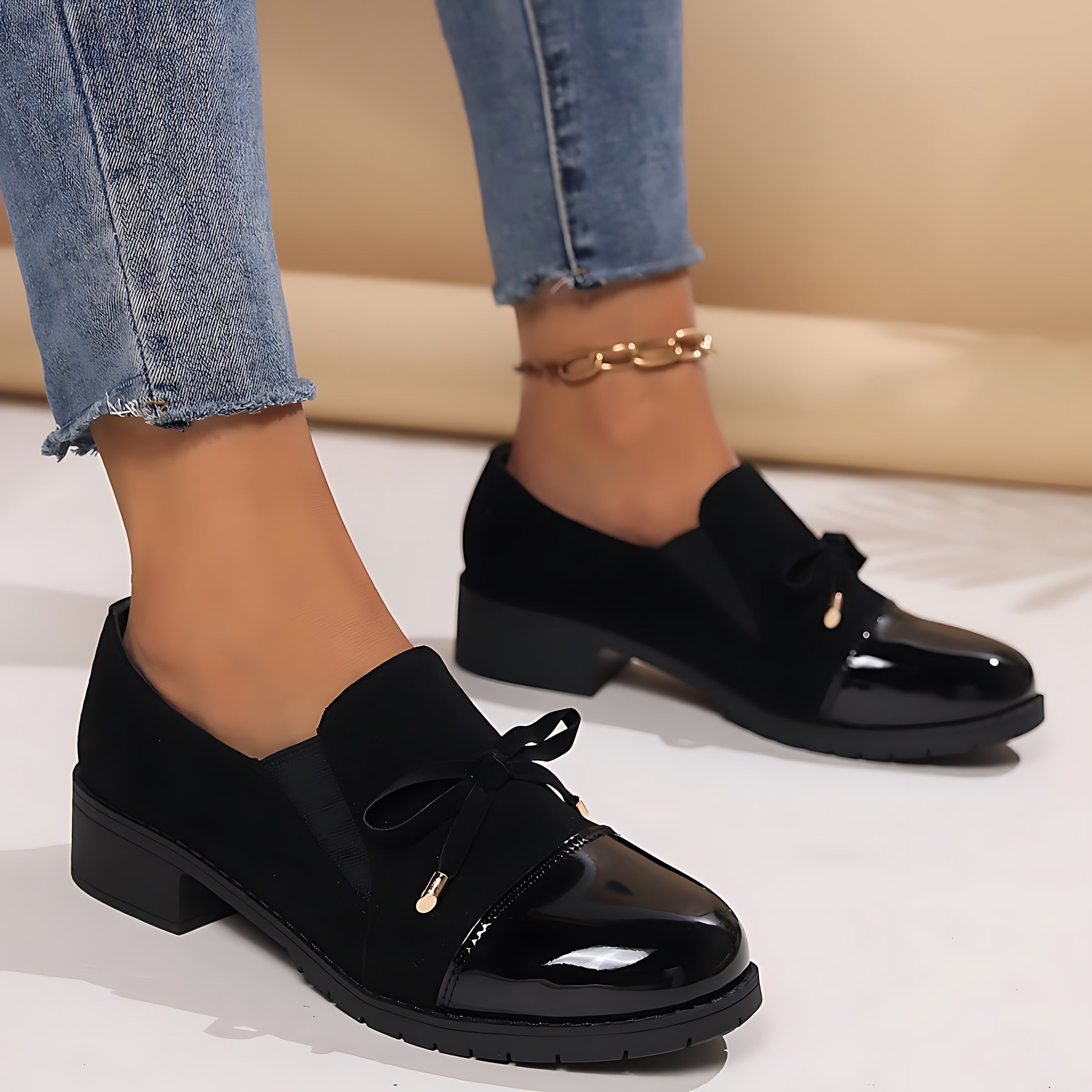 Avery – Patent Bow Block Heel Loafers