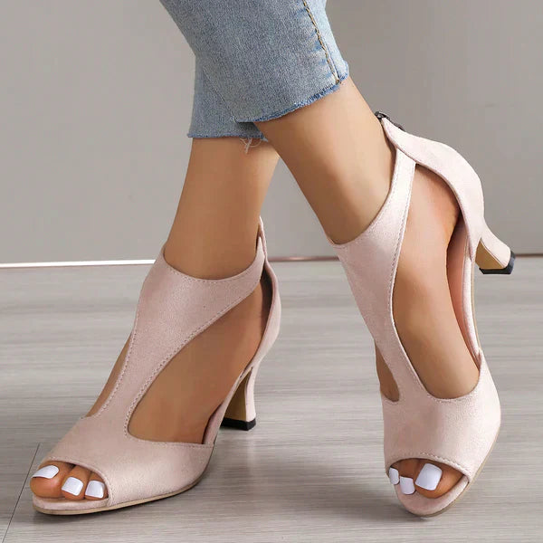 Evangeline – Peep Toe Low Block Heel Sandals