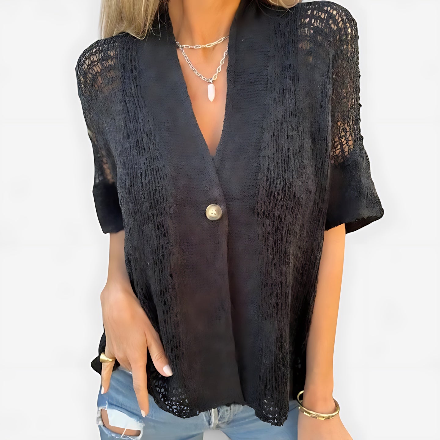 Bailey – Crochet Knit Short Sleeve Cardigan