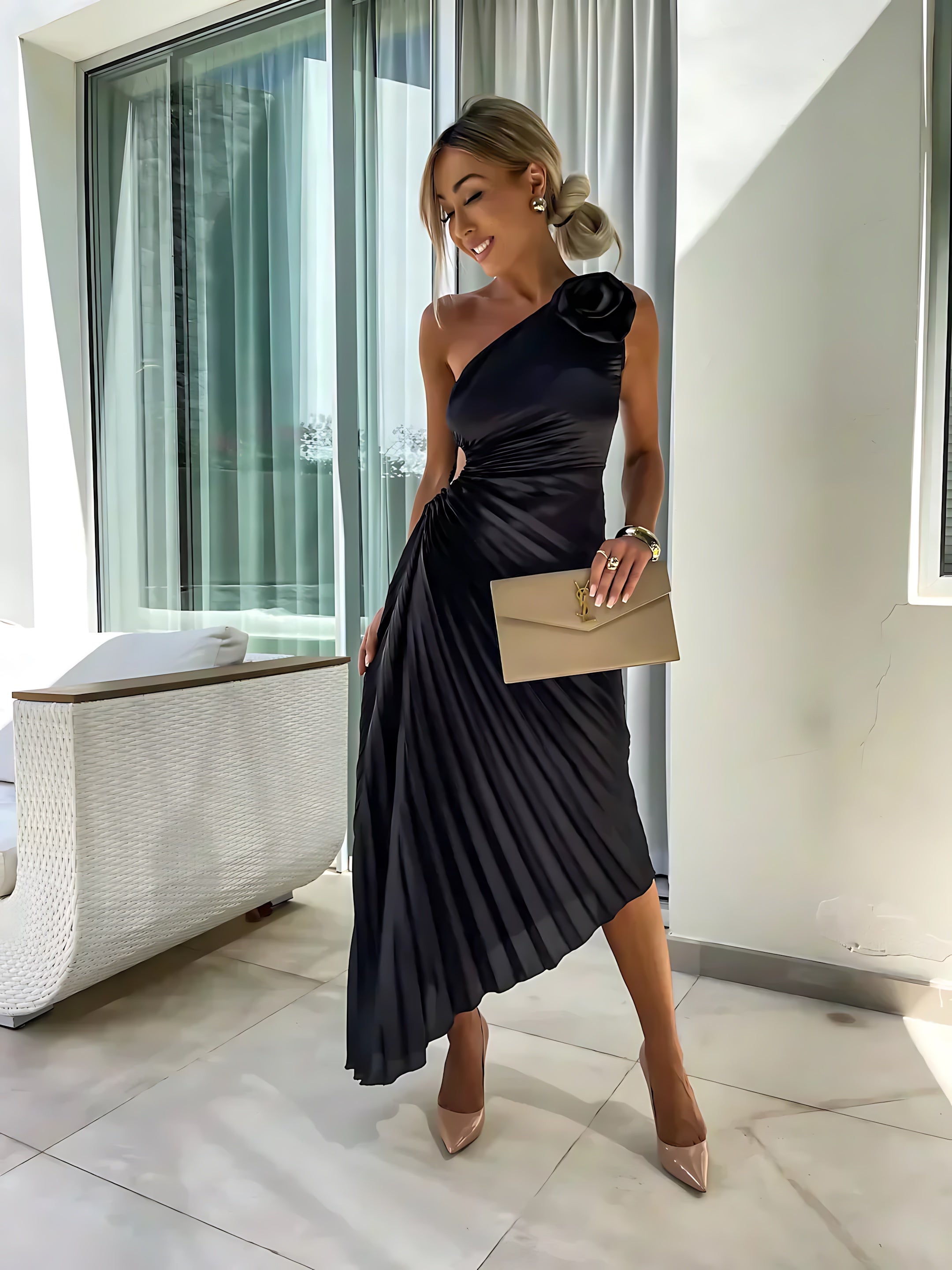 Bailey – Satin One Shoulder Wedding Guest Midi Dress