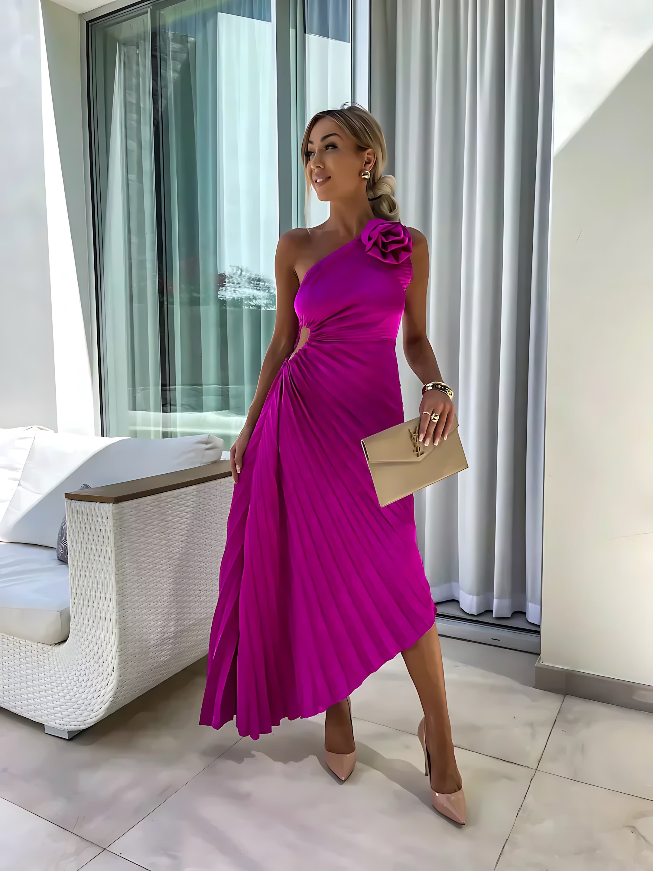 Bailey – Satin One Shoulder Wedding Guest Midi Dress