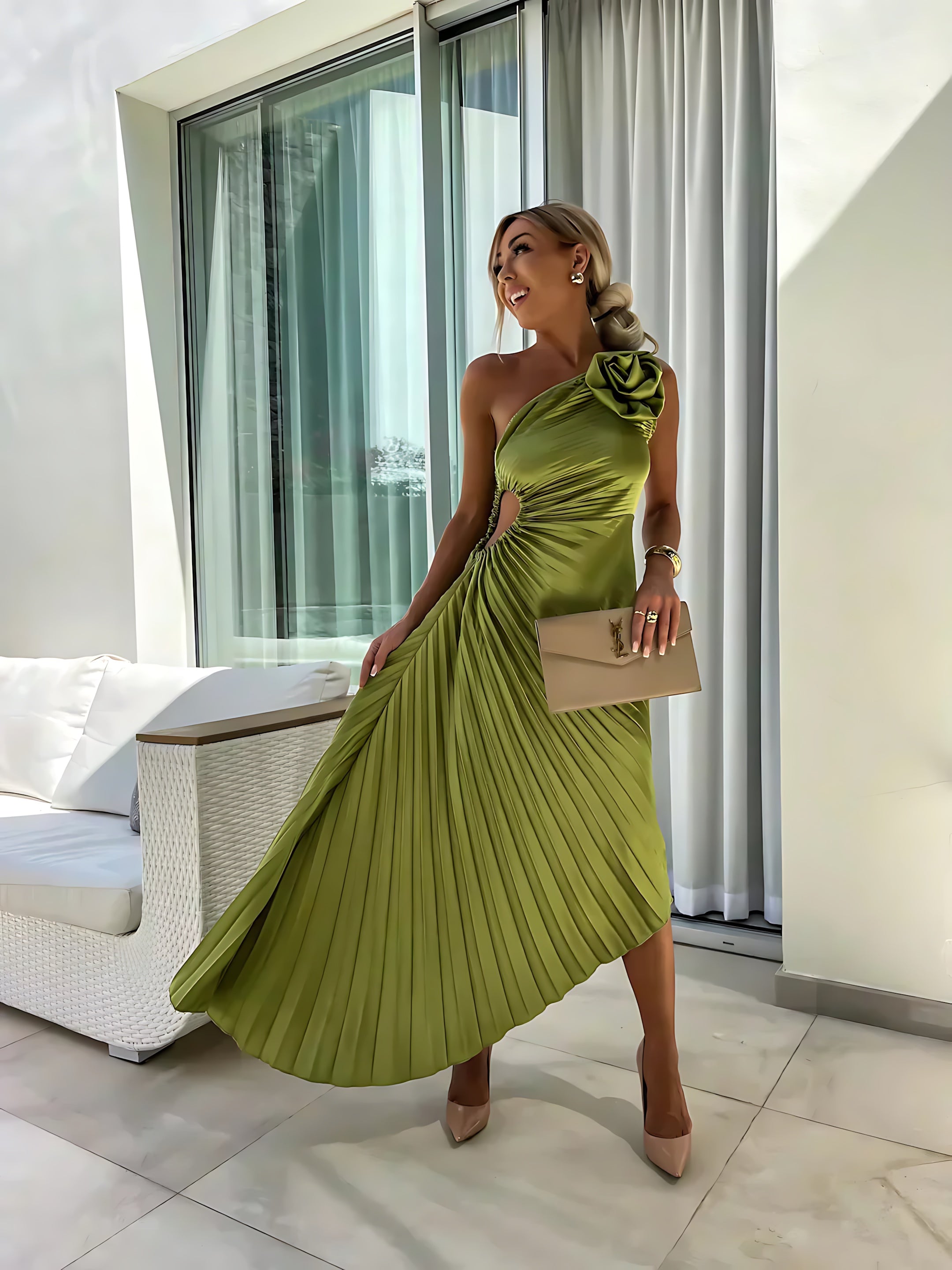 Bailey – Satin One Shoulder Wedding Guest Midi Dress