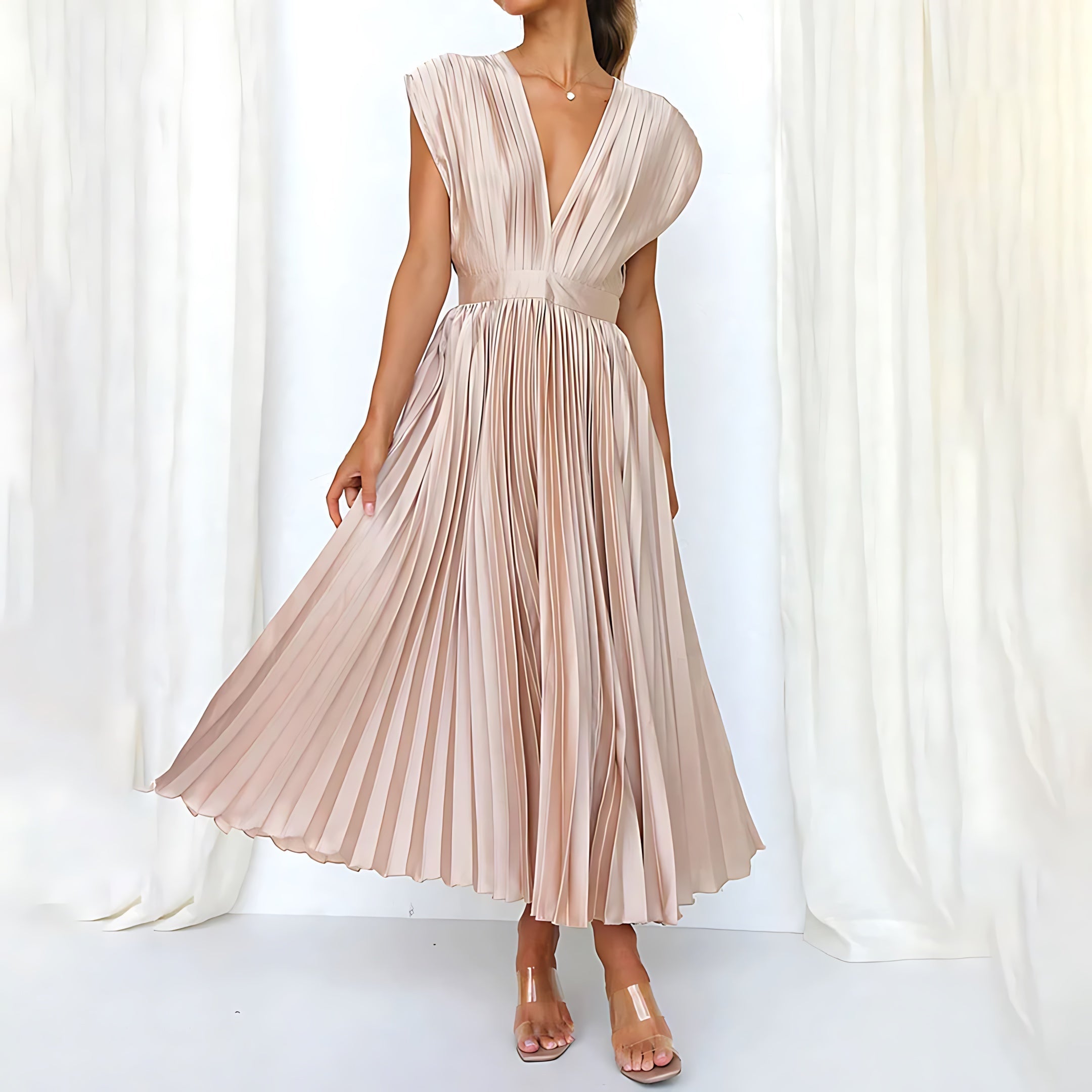 Beatrice – Pleated V Neck Wedding Guest Maxi Dress