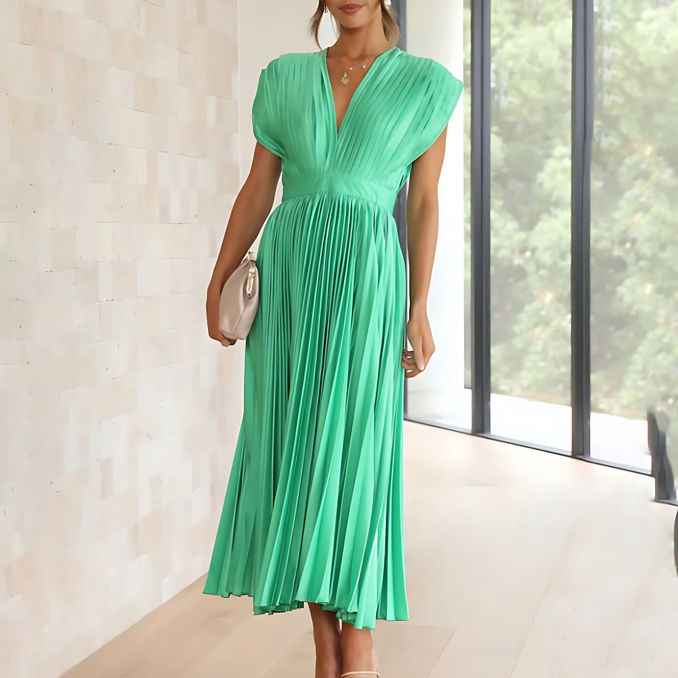 Beatrice – Pleated V Neck Wedding Guest Maxi Dress