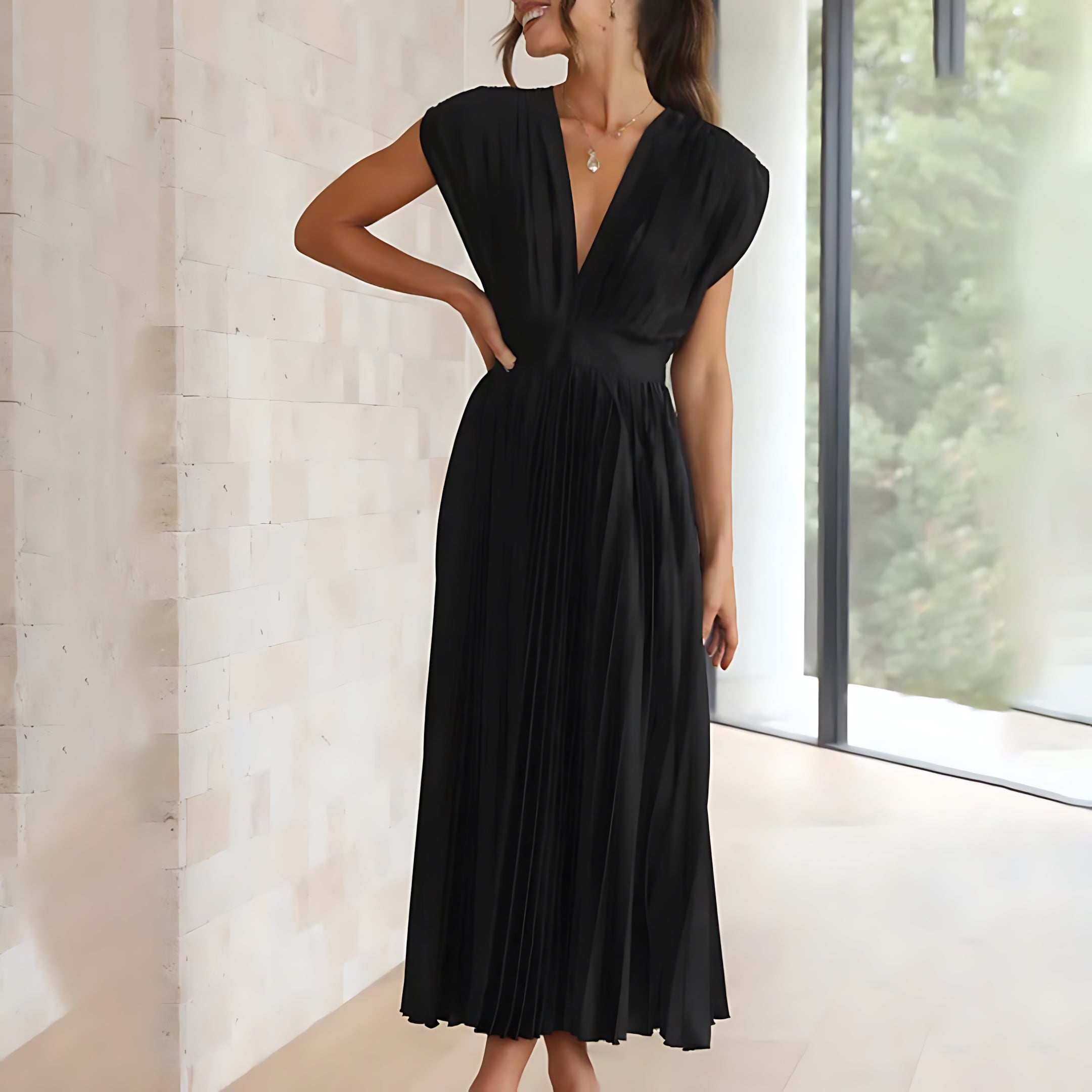 Beatrice – Pleated V Neck Wedding Guest Maxi Dress