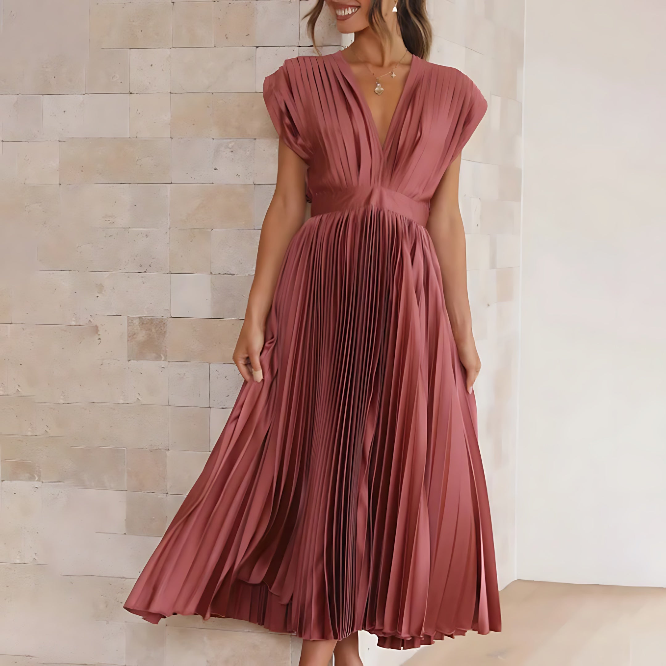Beatrice – Pleated V Neck Wedding Guest Maxi Dress