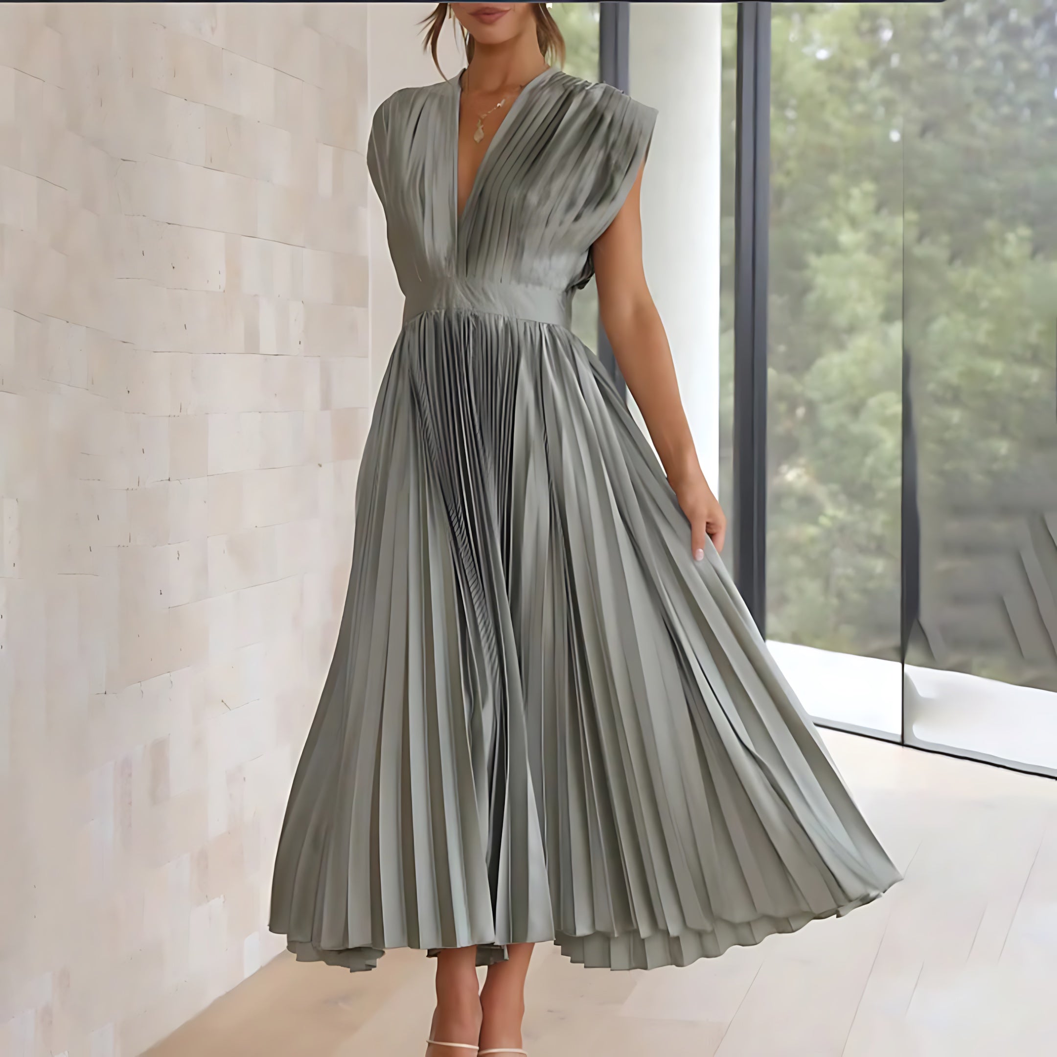 Beatrice – Pleated V Neck Wedding Guest Maxi Dress