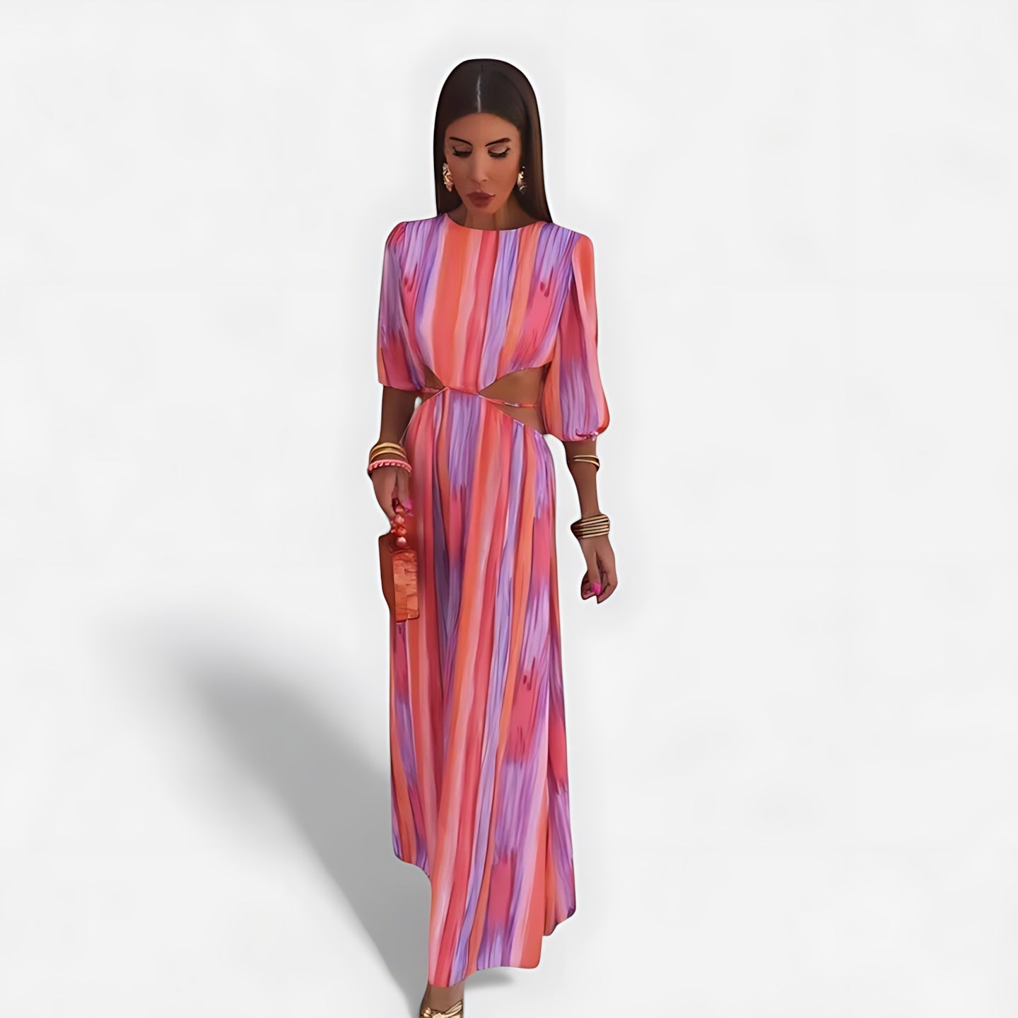 Beatrice – Striped Round Neck 3/4 Sleeve Maxi Dress