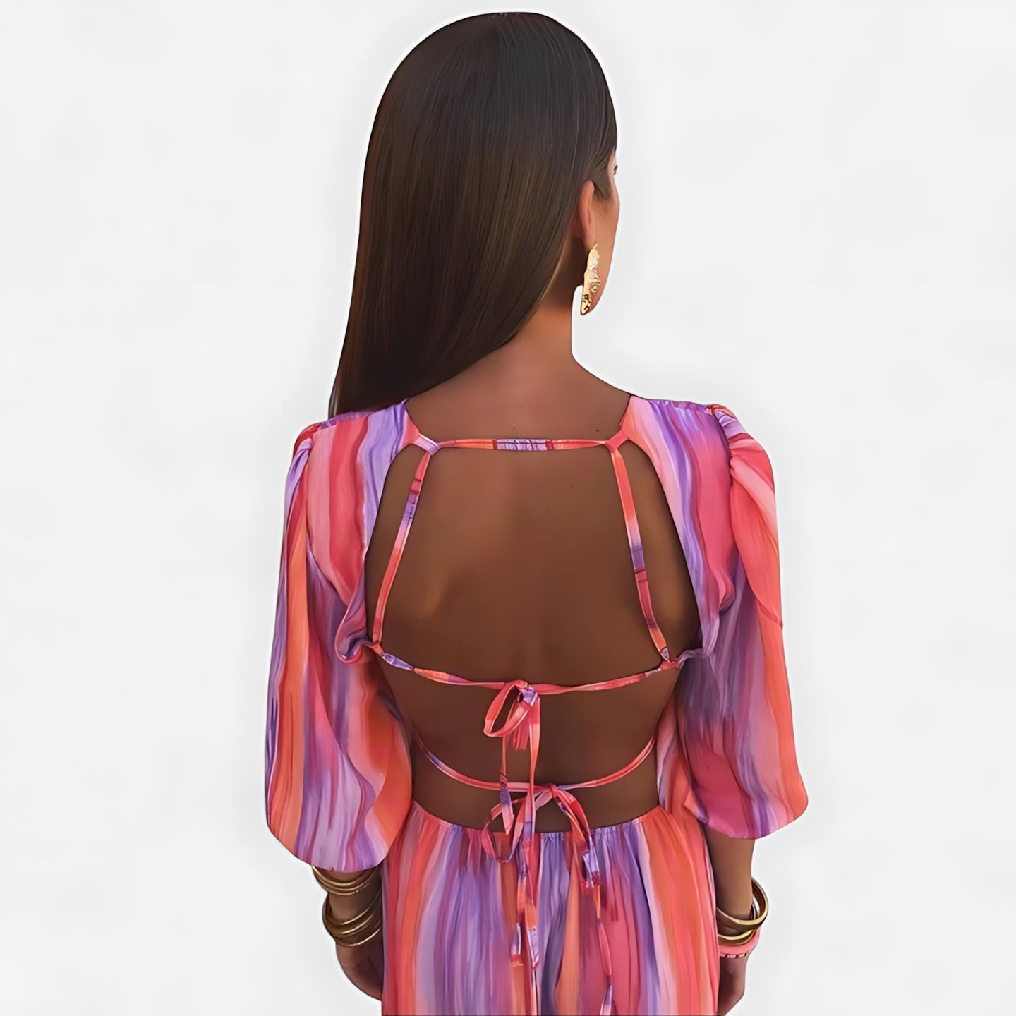 Beatrice – Striped Round Neck 3/4 Sleeve Maxi Dress