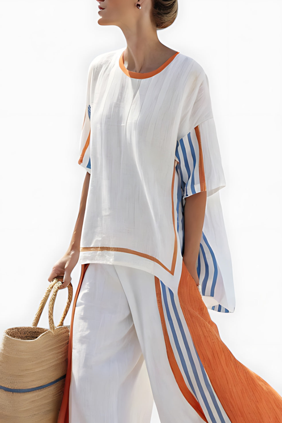 Beatrice – Striped Trim V Neck Top and Wide Leg Pants Set