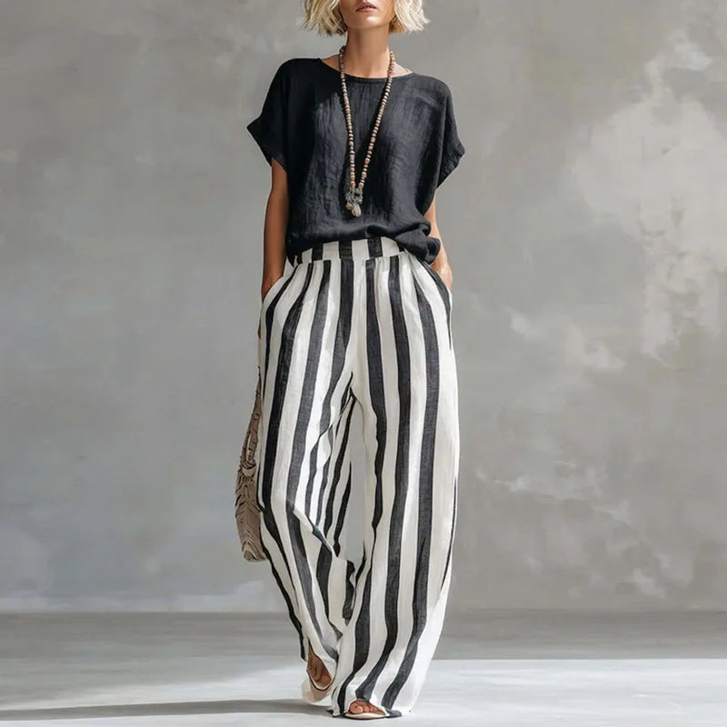 Tessa – Twist Front Top and Striped Wide Leg Pants Set