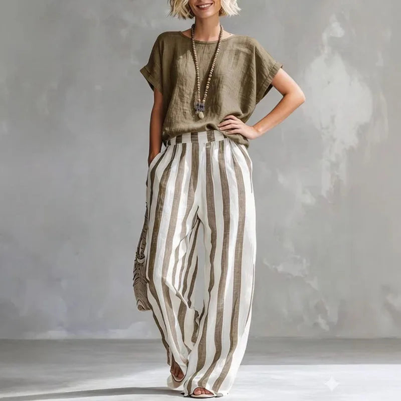 Tessa – Twist Front Top and Striped Wide Leg Pants Set