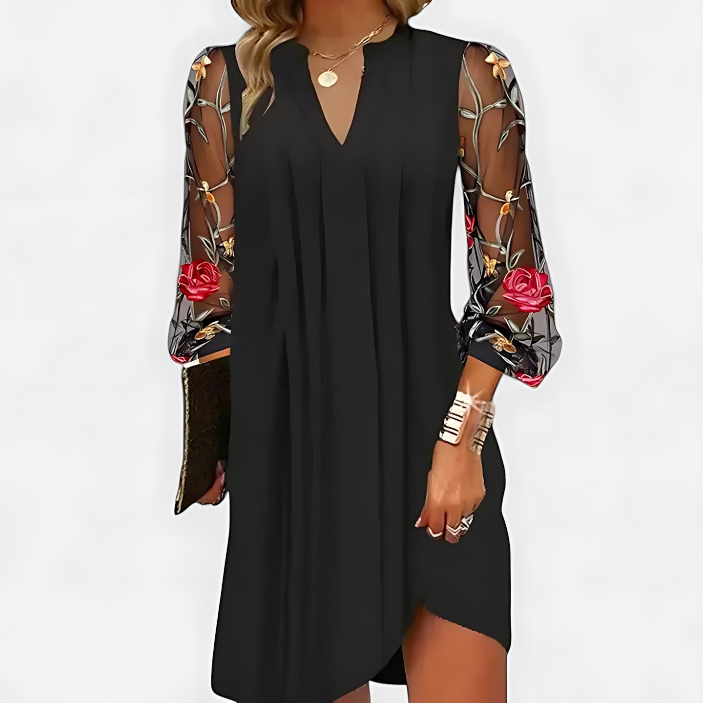 Bella – Floral Embroidered Mesh Sleeve Mini Dress