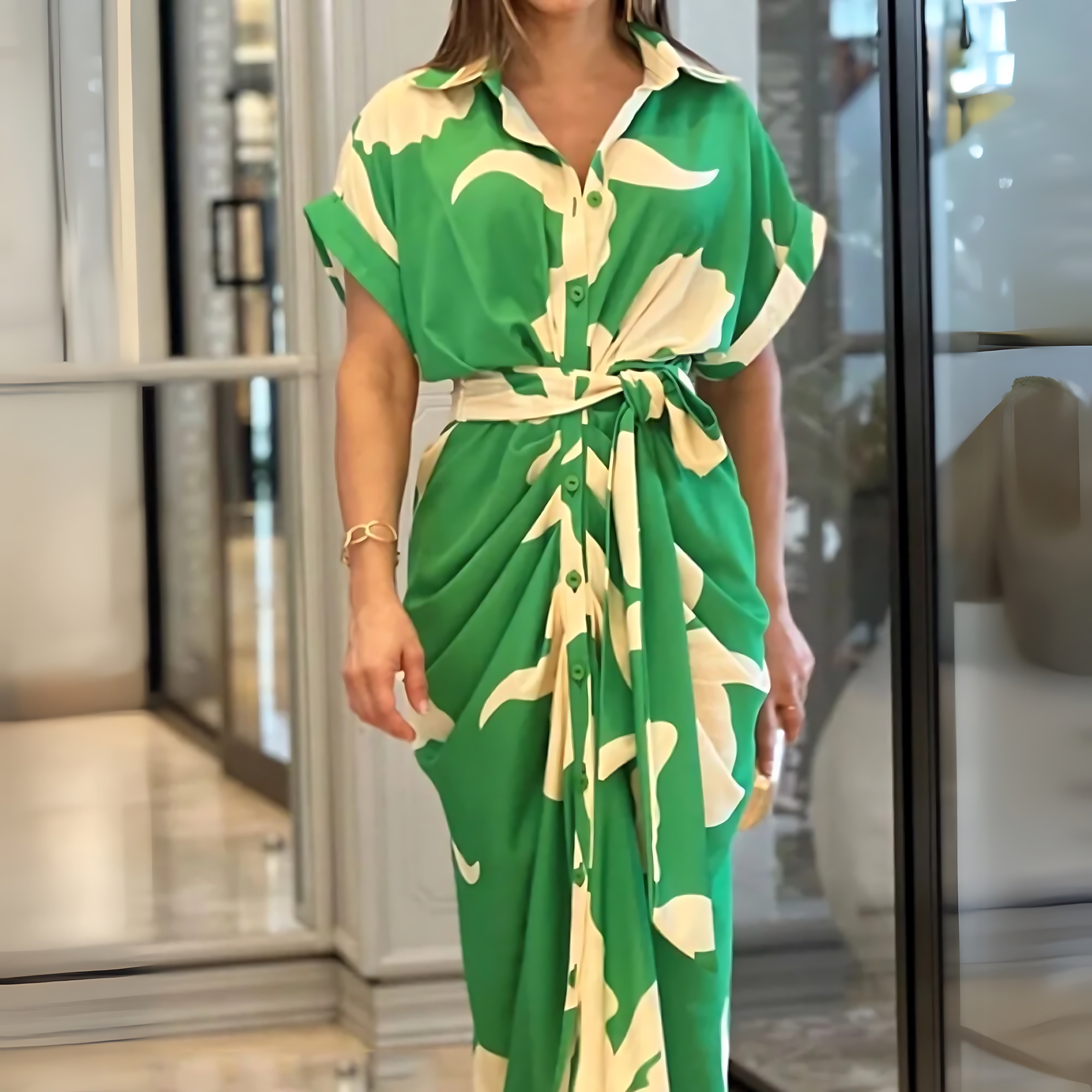 Bethany – Tropical Print Short Sleeve Midi Shirt Dress