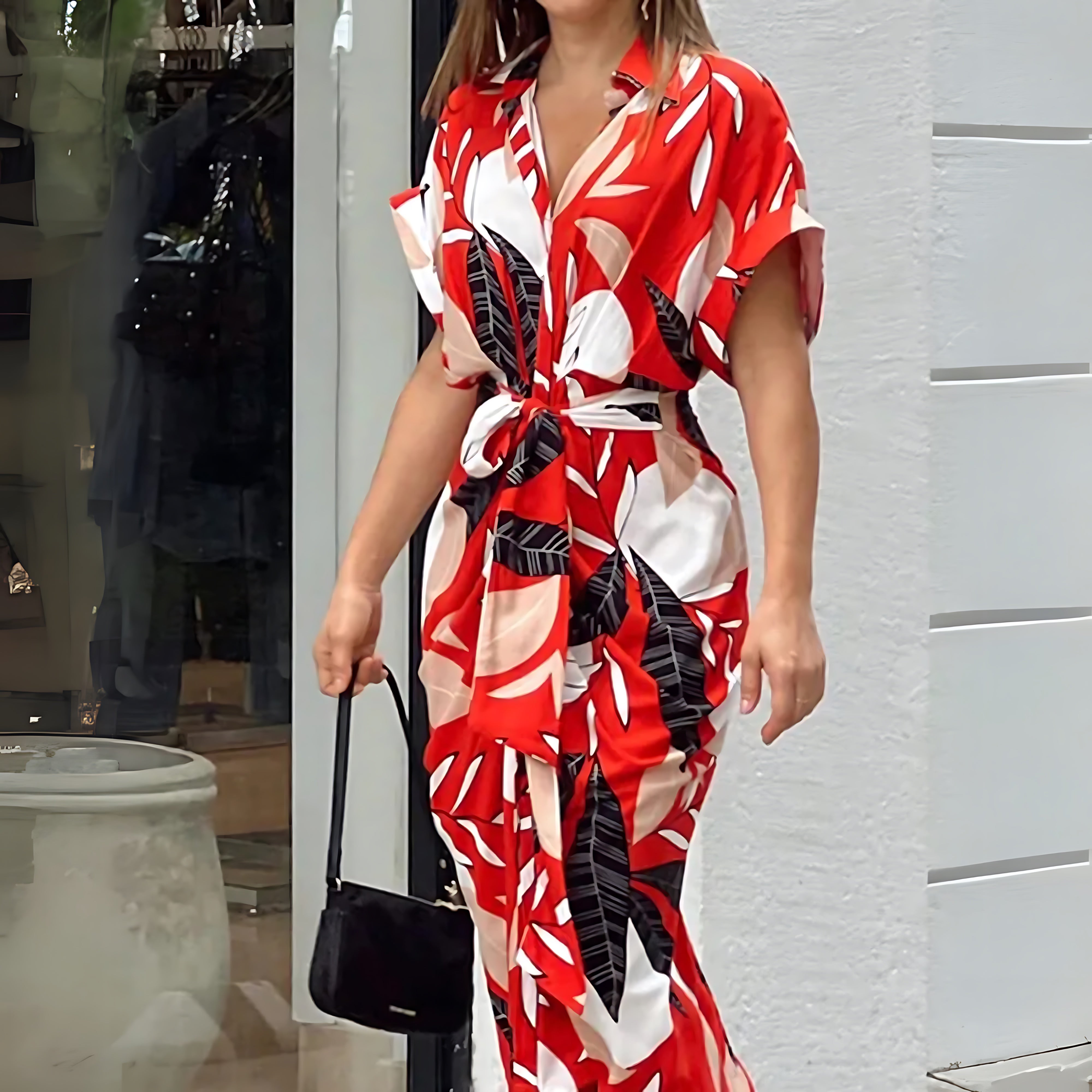 Bethany – Tropical Print Short Sleeve Midi Shirt Dress