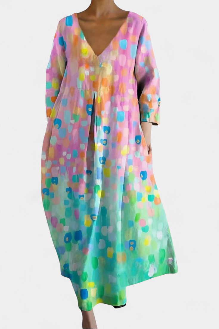 Caroline – Abstract Print V Neck Flowy Midi Dress