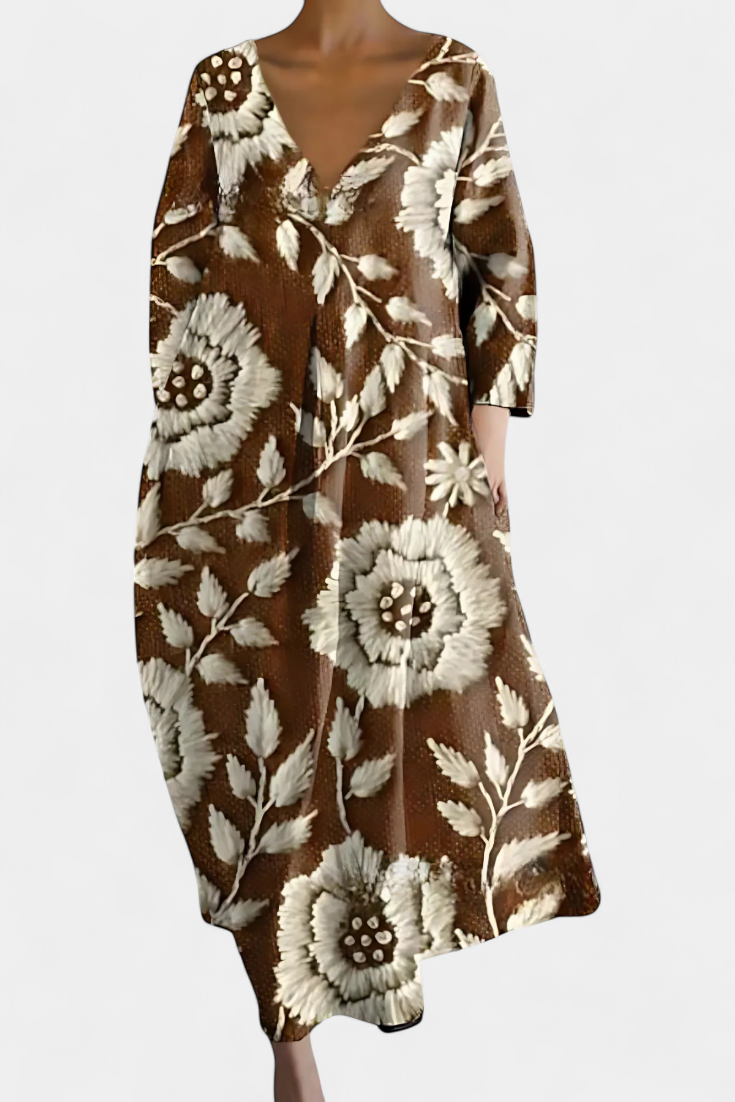 Caroline – Abstract Print V Neck Flowy Midi Dress