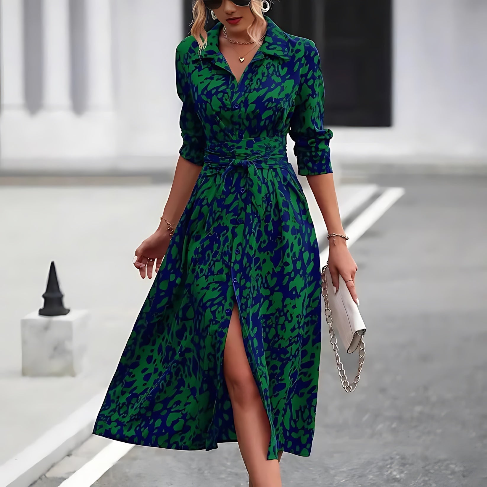 Bianca – Abstract Print Collared Midi Shirt Dress
