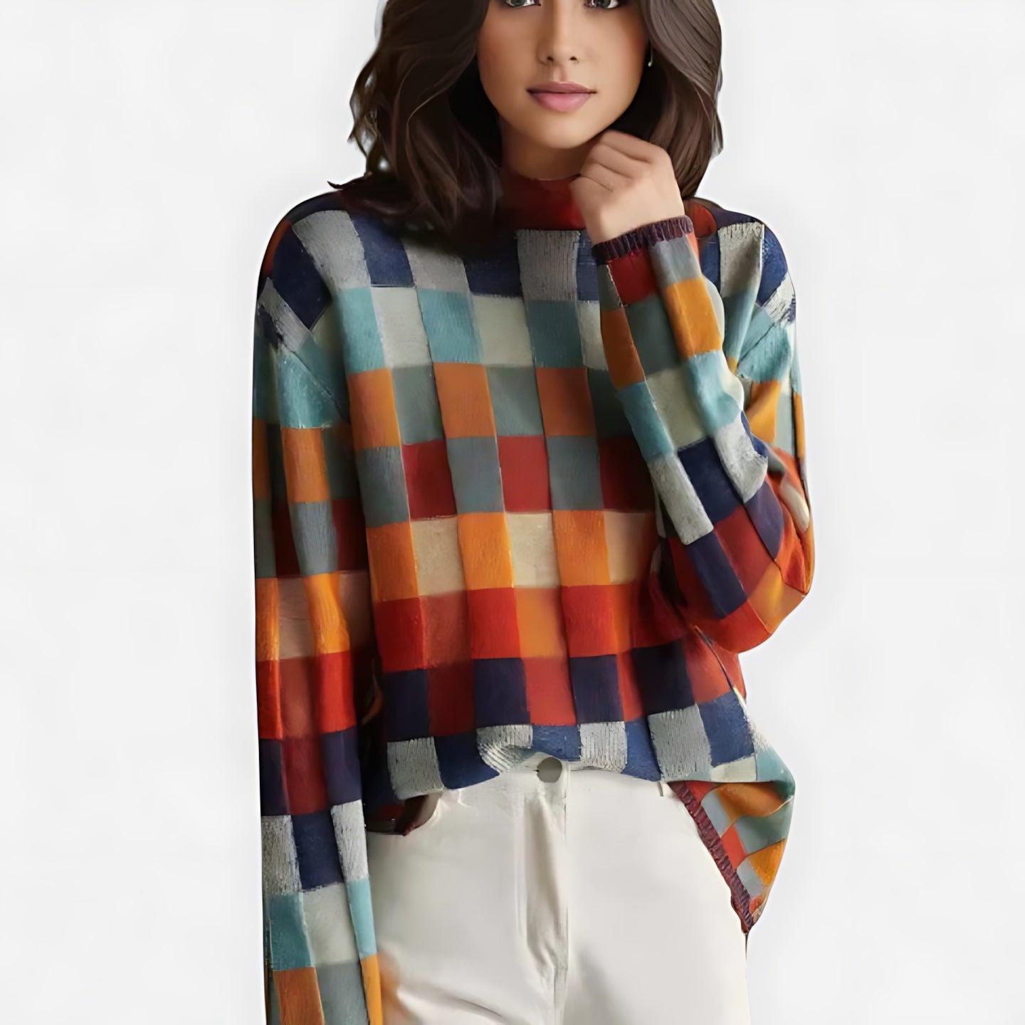 Bianca – Checkered Print Crew Neck Sweater