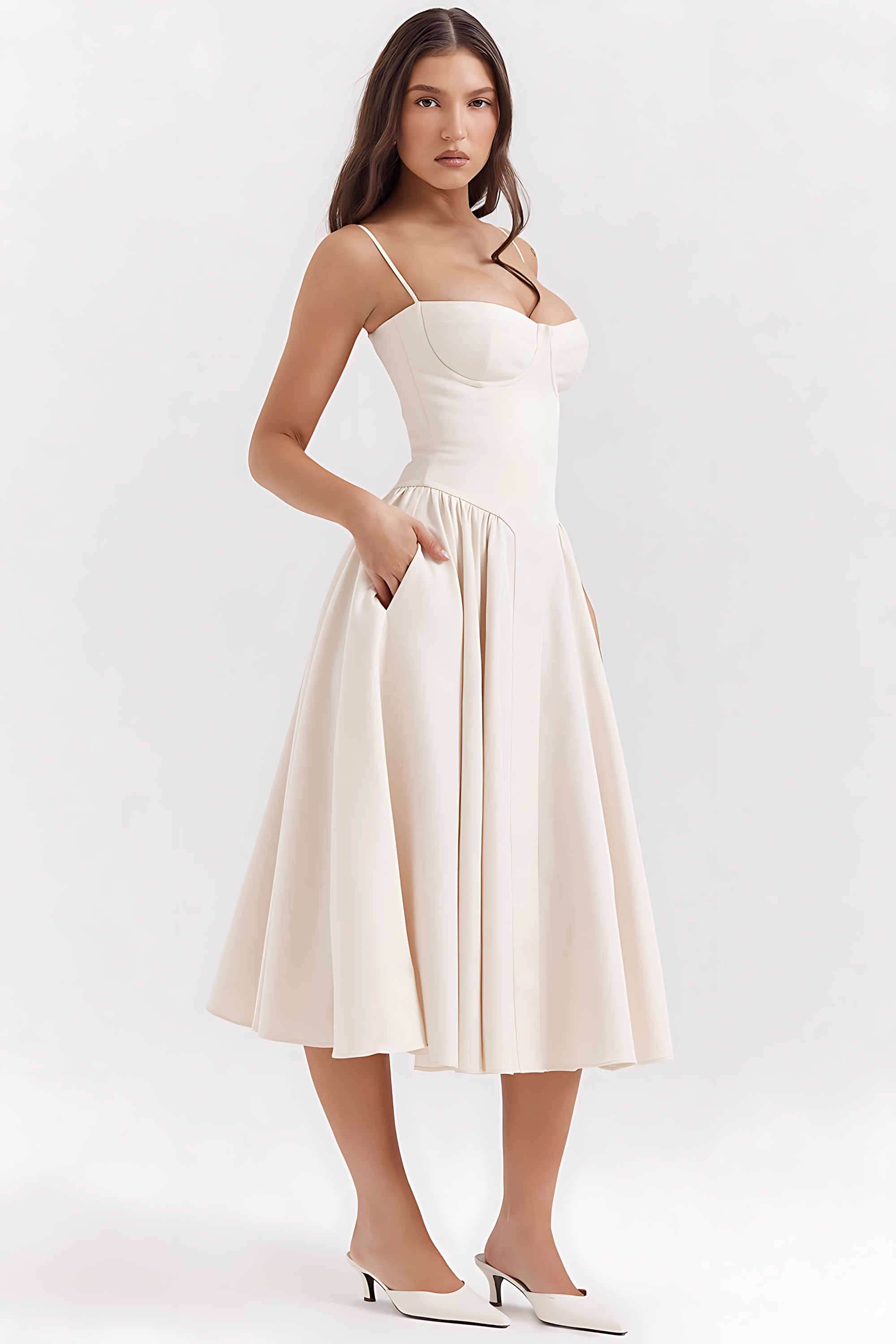 Bianca – Square Neck Pleated Wedding Guest Midi Dress