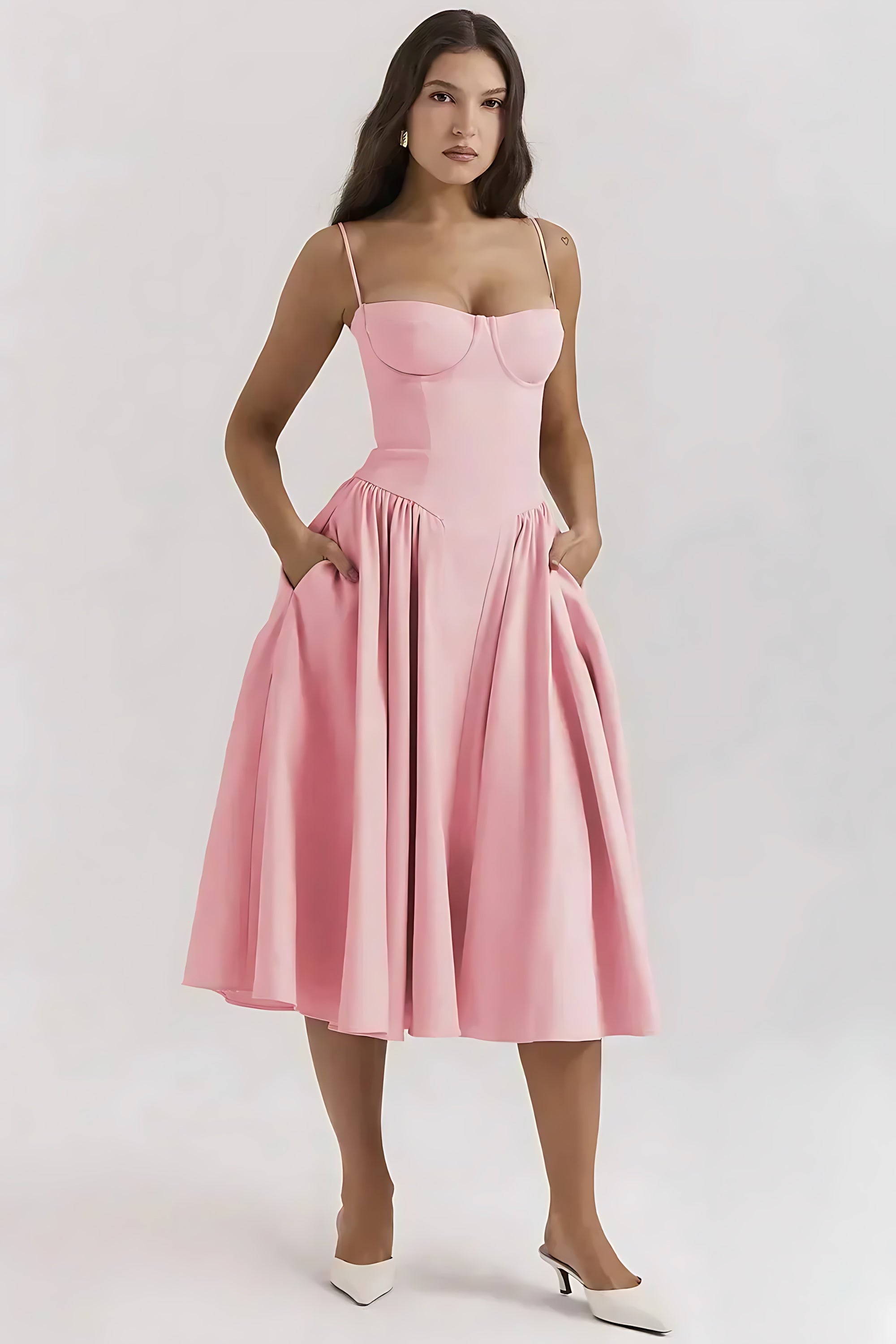 Bianca – Square Neck Pleated Wedding Guest Midi Dress