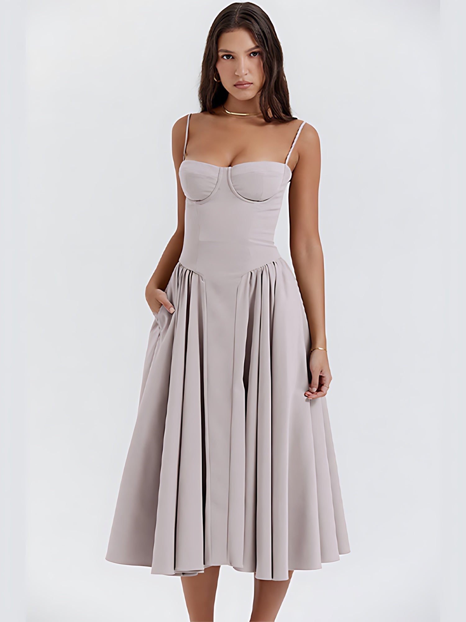 Bianca – Square Neck Pleated Wedding Guest Midi Dress