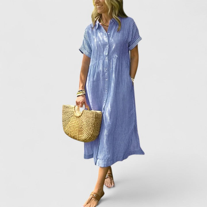 Fiona – Collared Short Sleeve Midi Shirt Dress