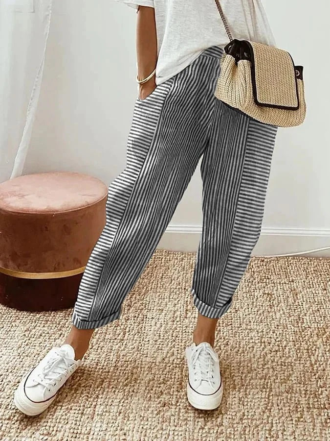 Mabel – Striped Elastic Waist Tapered Pants