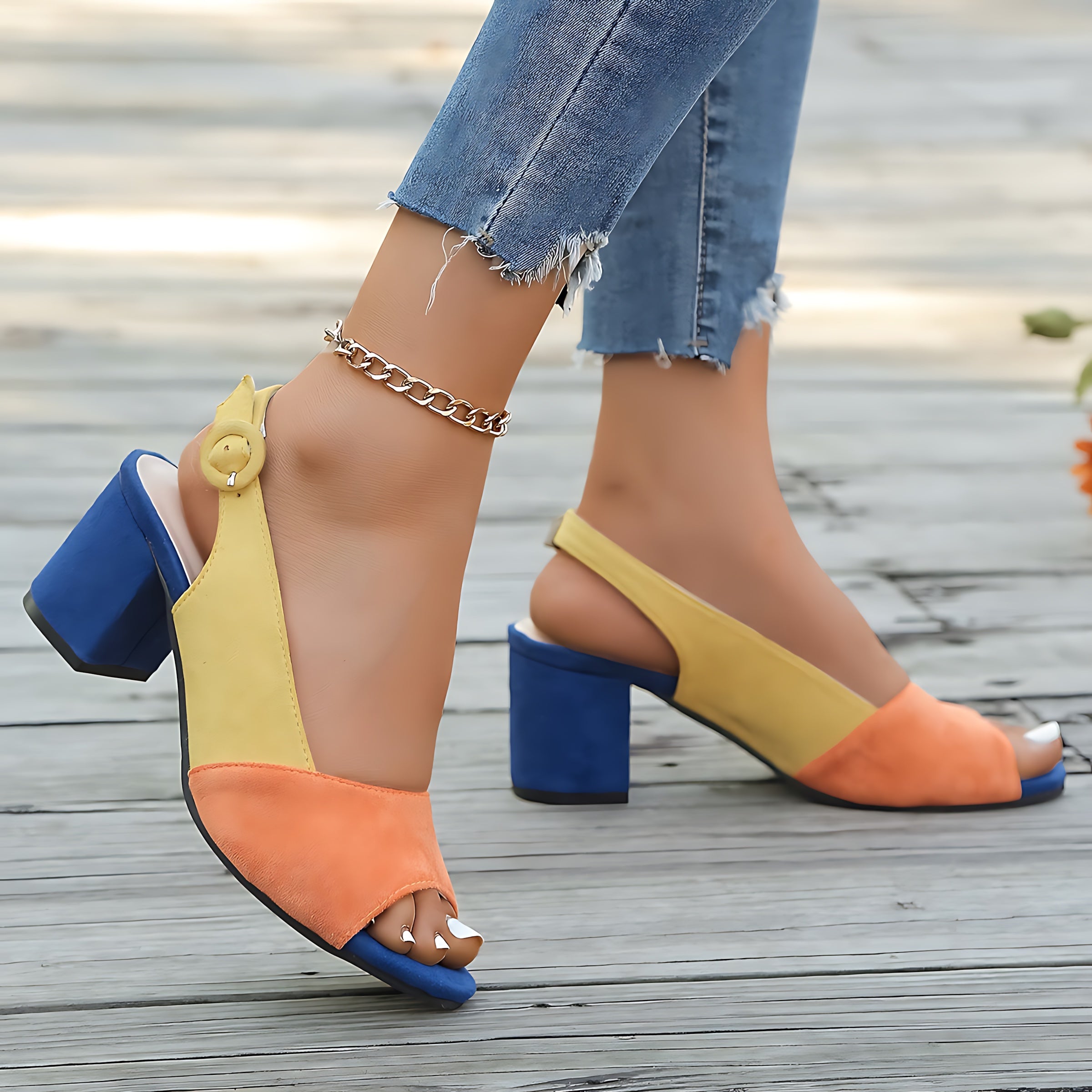 Blakely – Colorblock Peep Toe Block Heel Sandals