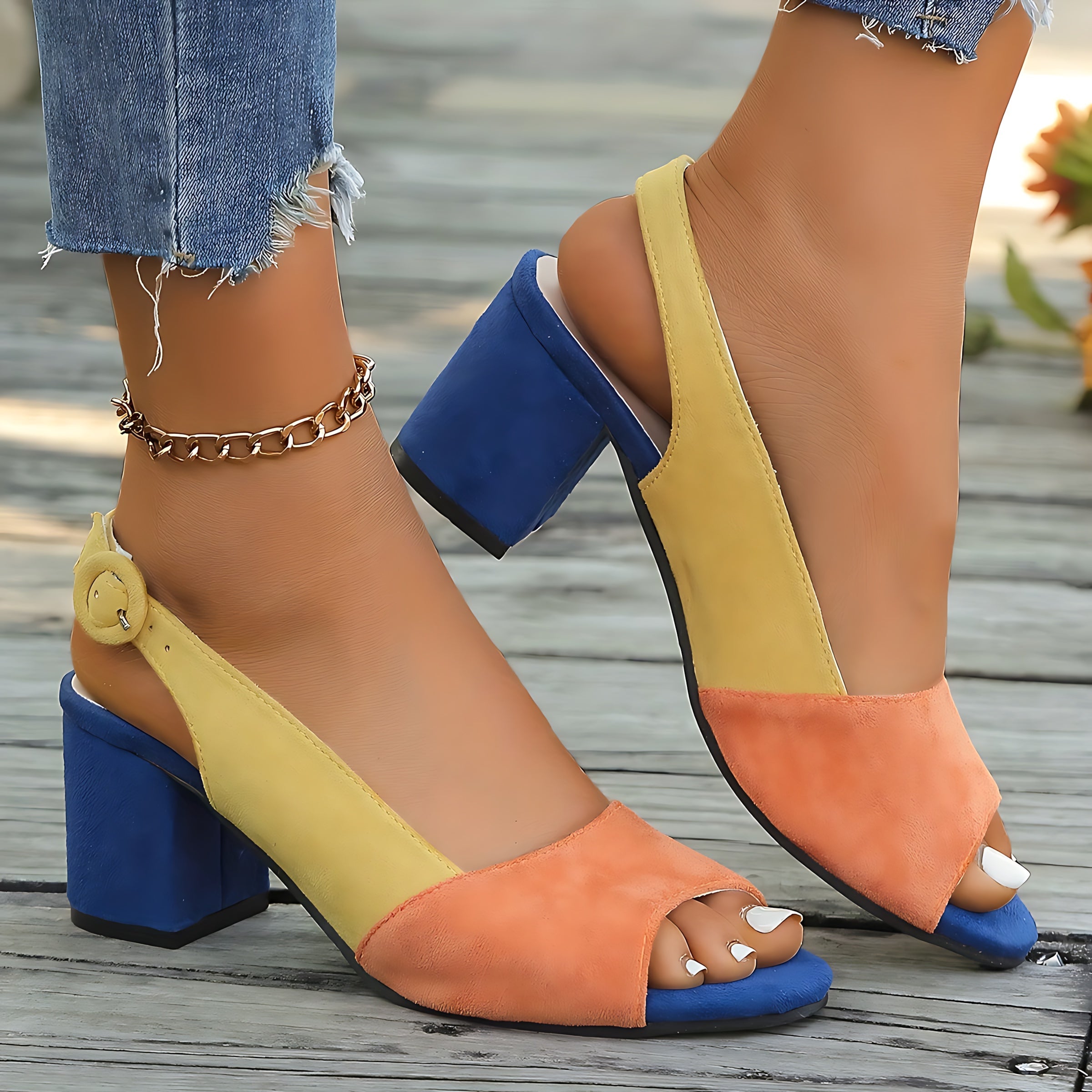 Blakely – Colorblock Peep Toe Block Heel Sandals
