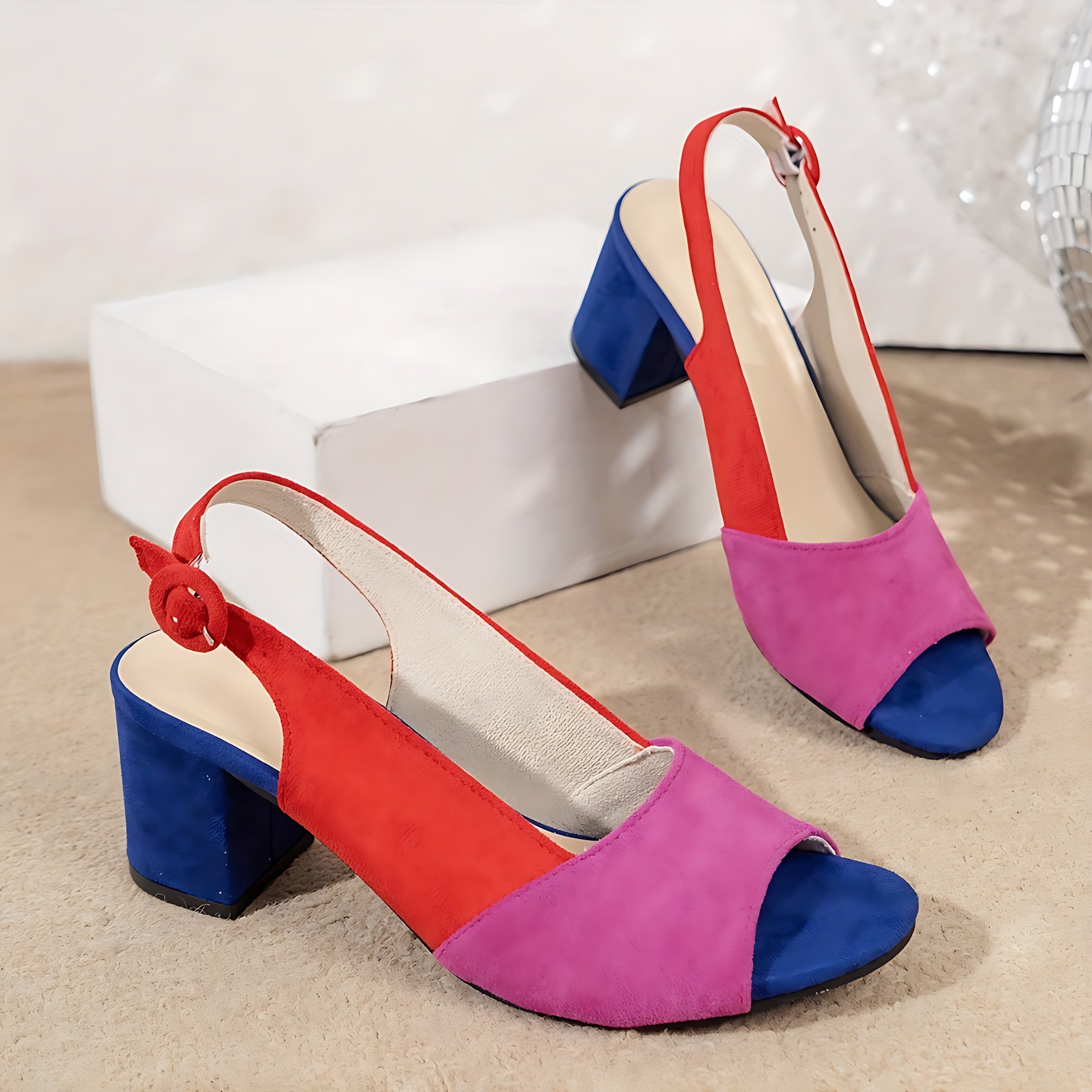 Blakely – Colorblock Peep Toe Block Heel Sandals