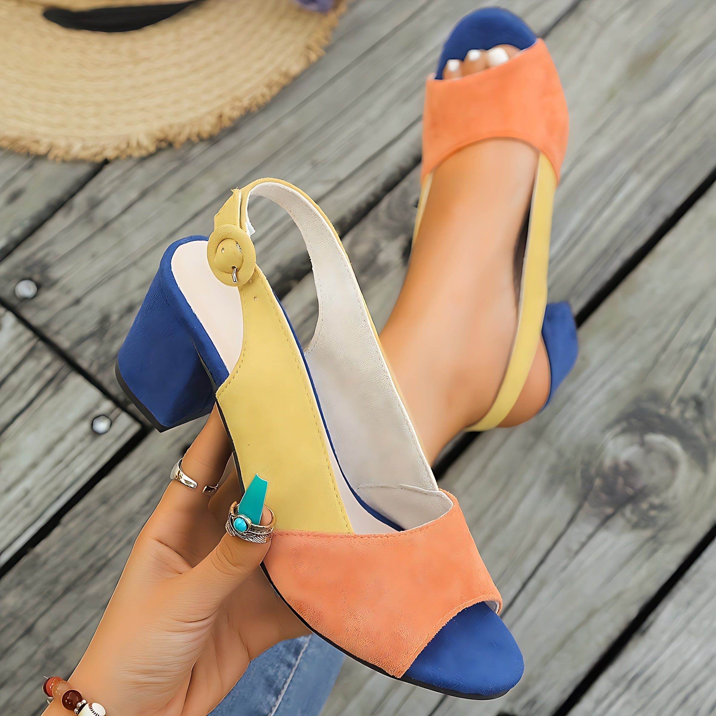 Blakely – Colorblock Peep Toe Block Heel Sandals